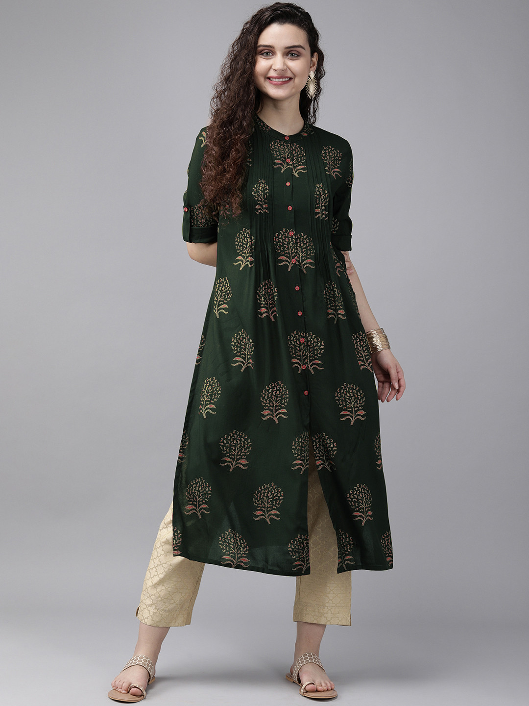 Anouk Women Green & Gold-Coloured Printed Straight Kurta