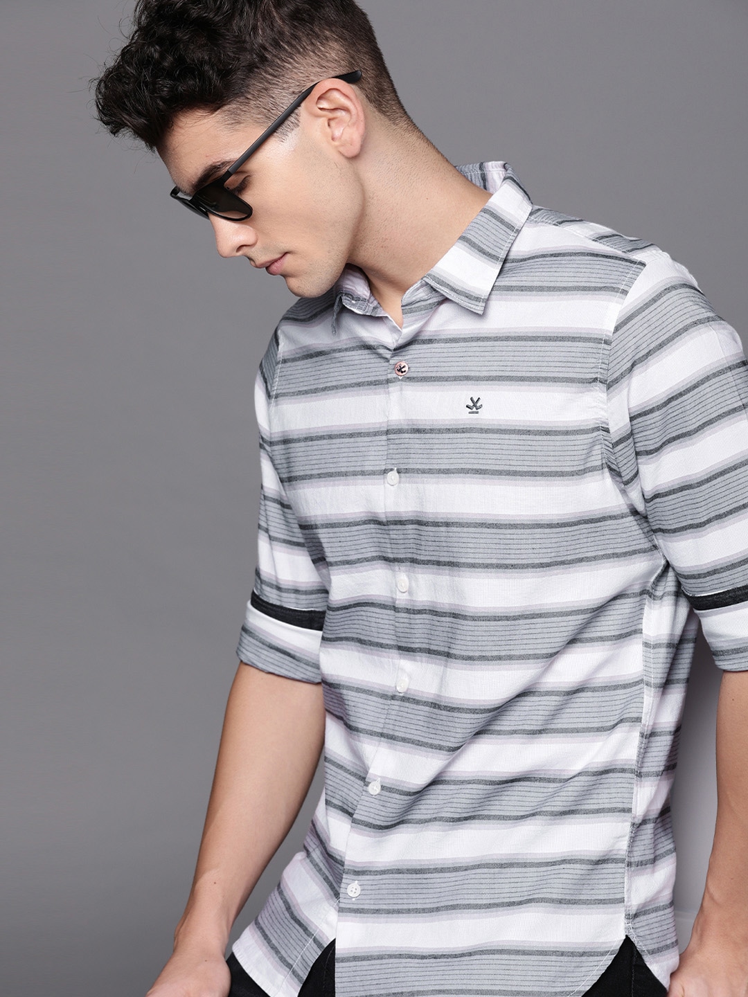Buy WROGN Men White & Grey Slim Fit Striped Casual Shirt
