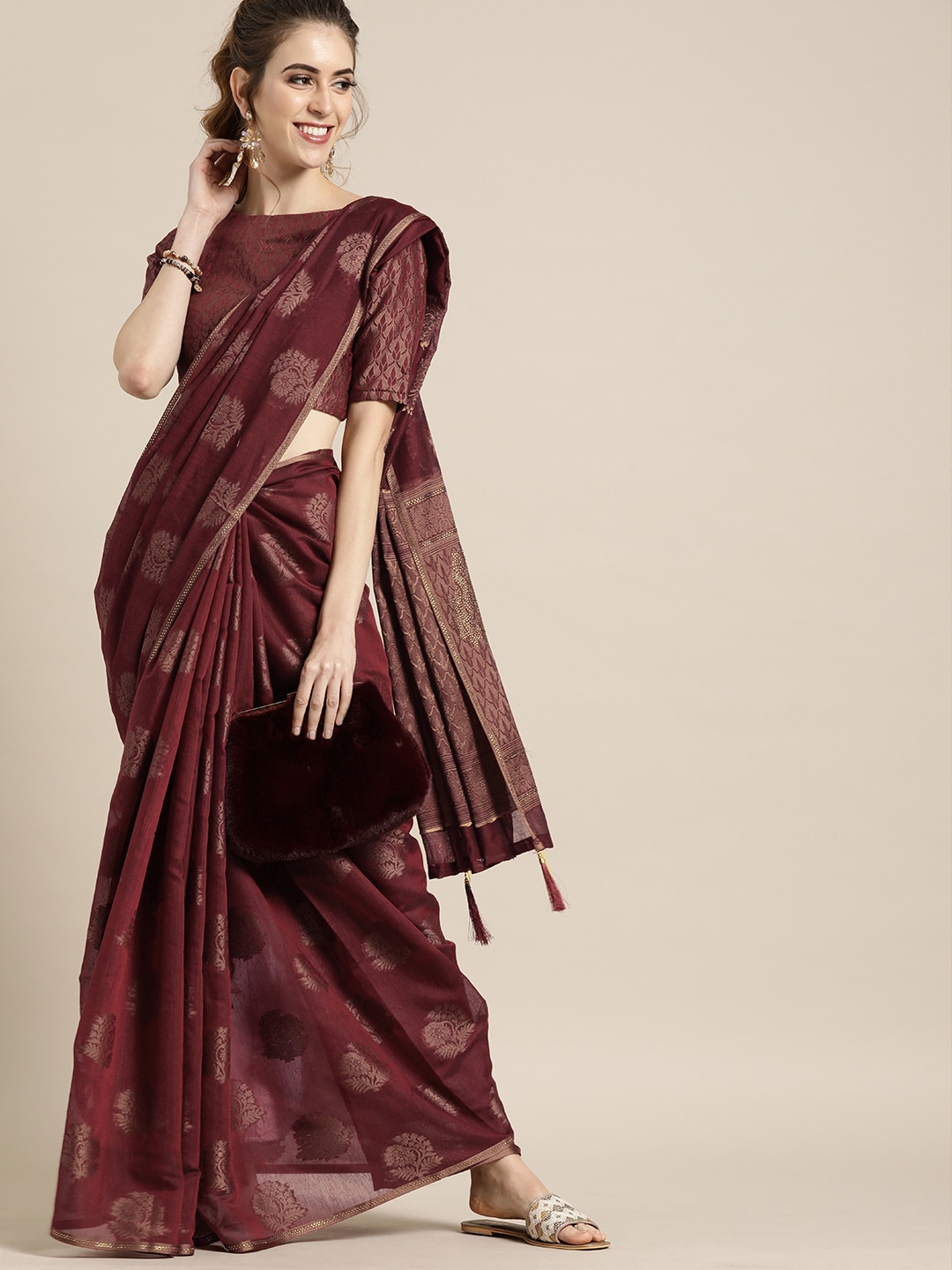 Inddus Maroon Cotton Blend Woven Design Chanderi Saree