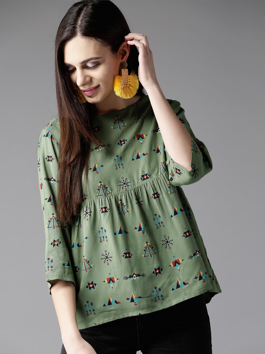 HERE&NOW Women Olive Green & Blue Printed A-Line Top with Gathered Detail