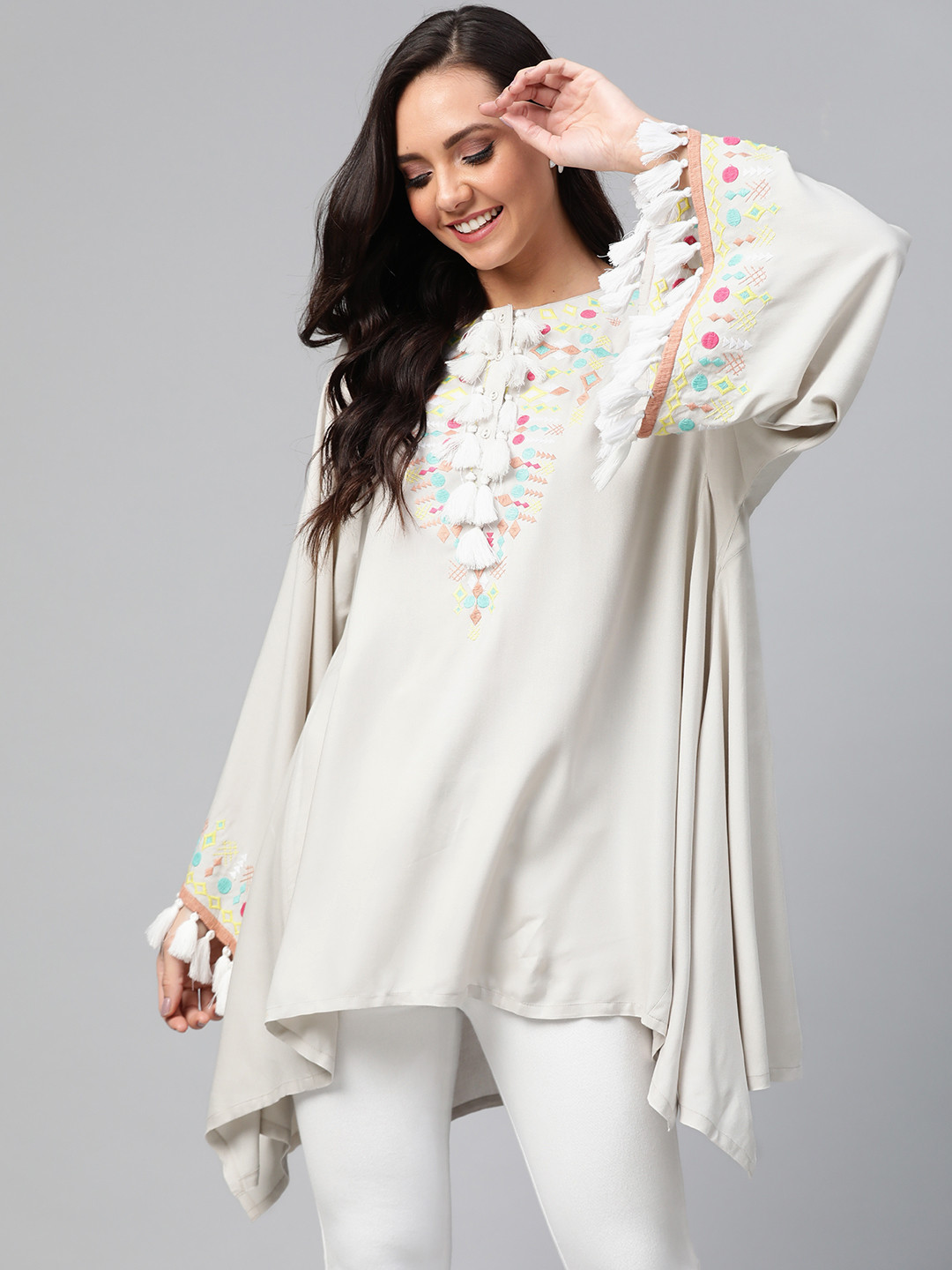 HERE&NOW Grey Embroidered Asymmetric Hem Tunic