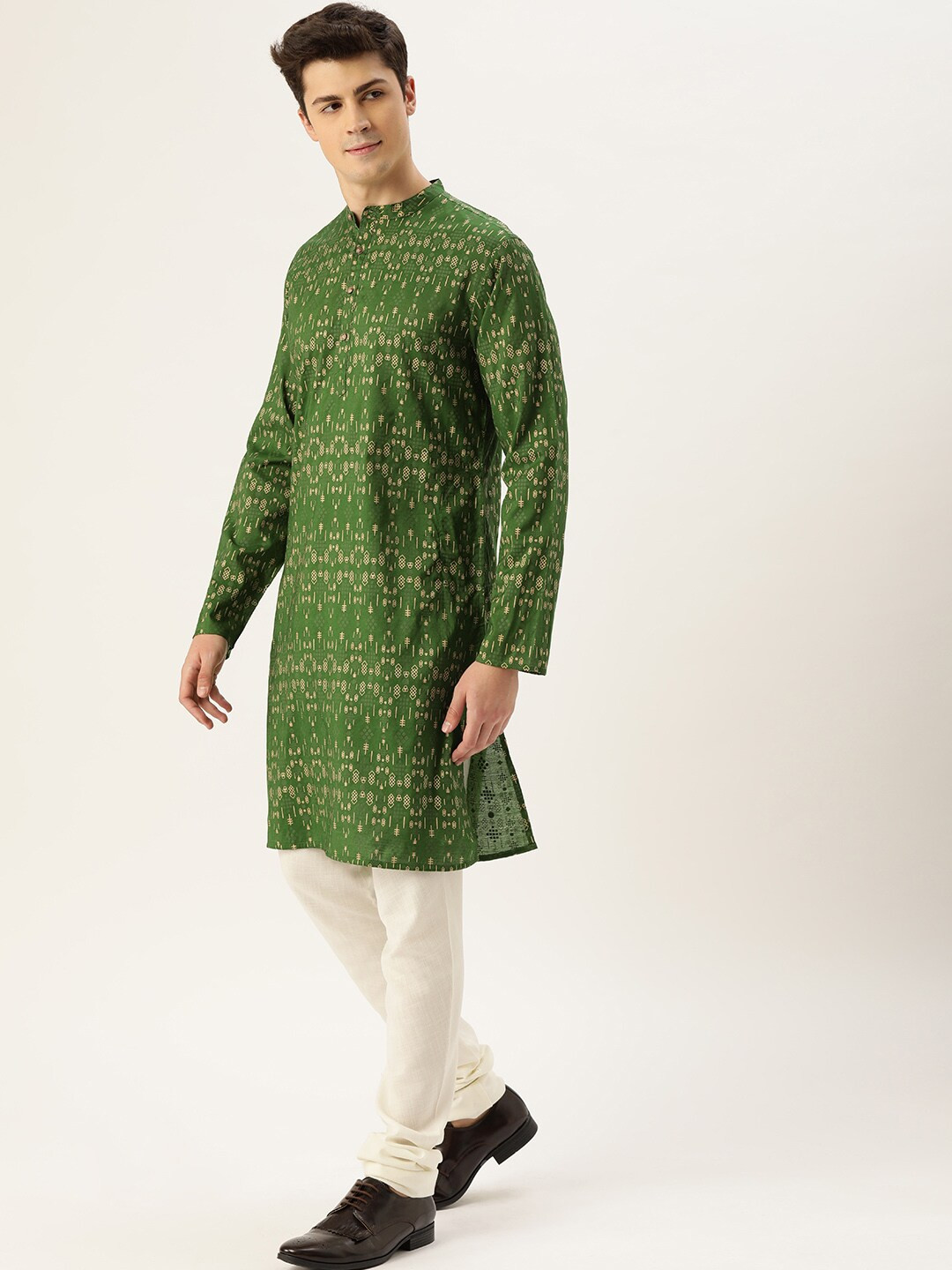 House of Pataudi Men Green & Cream-Coloured Printed Straight Kurta