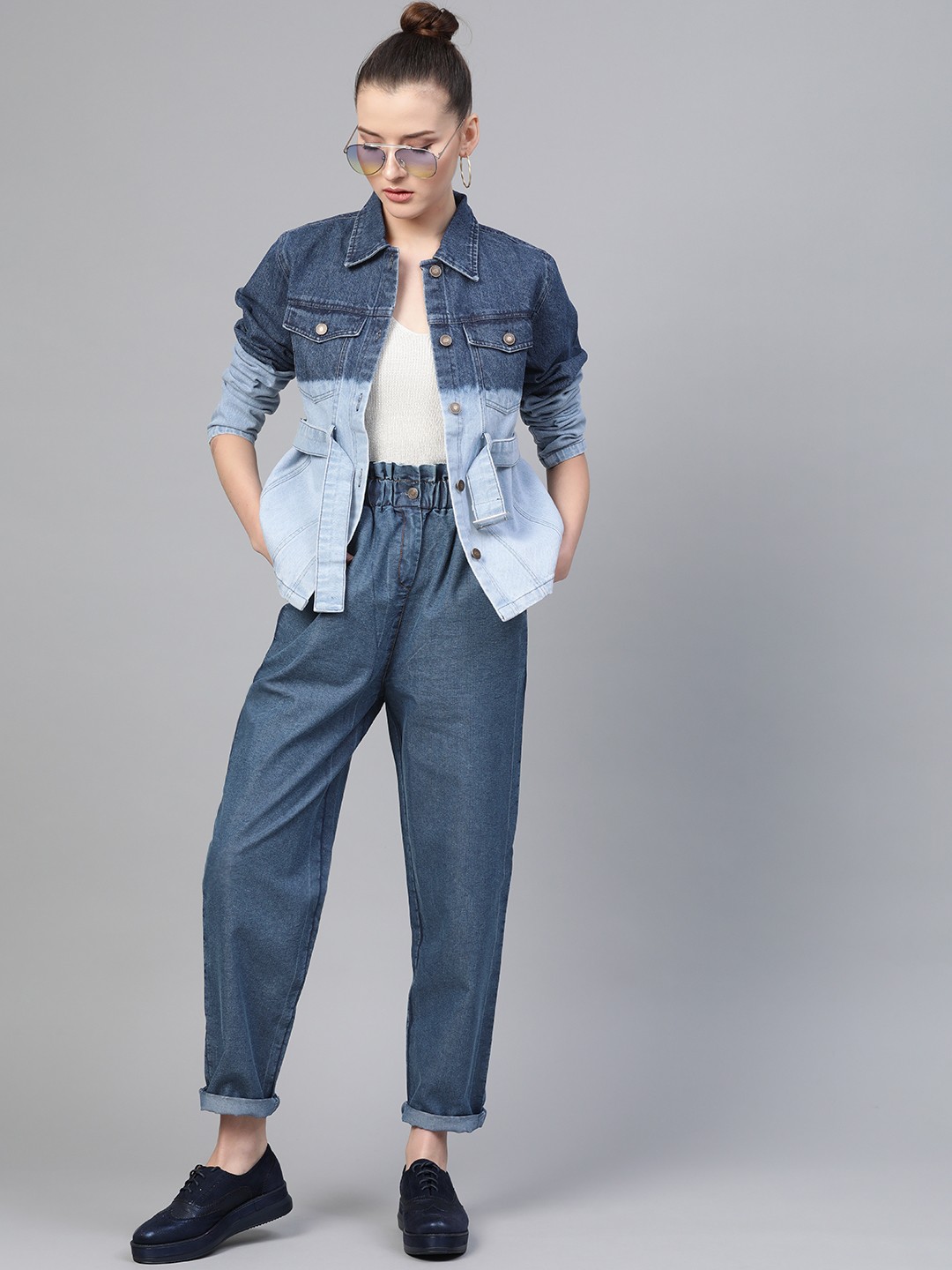 Women Blue Regular Fit High-Rise Clean Look Paper Bag Waist Jeans