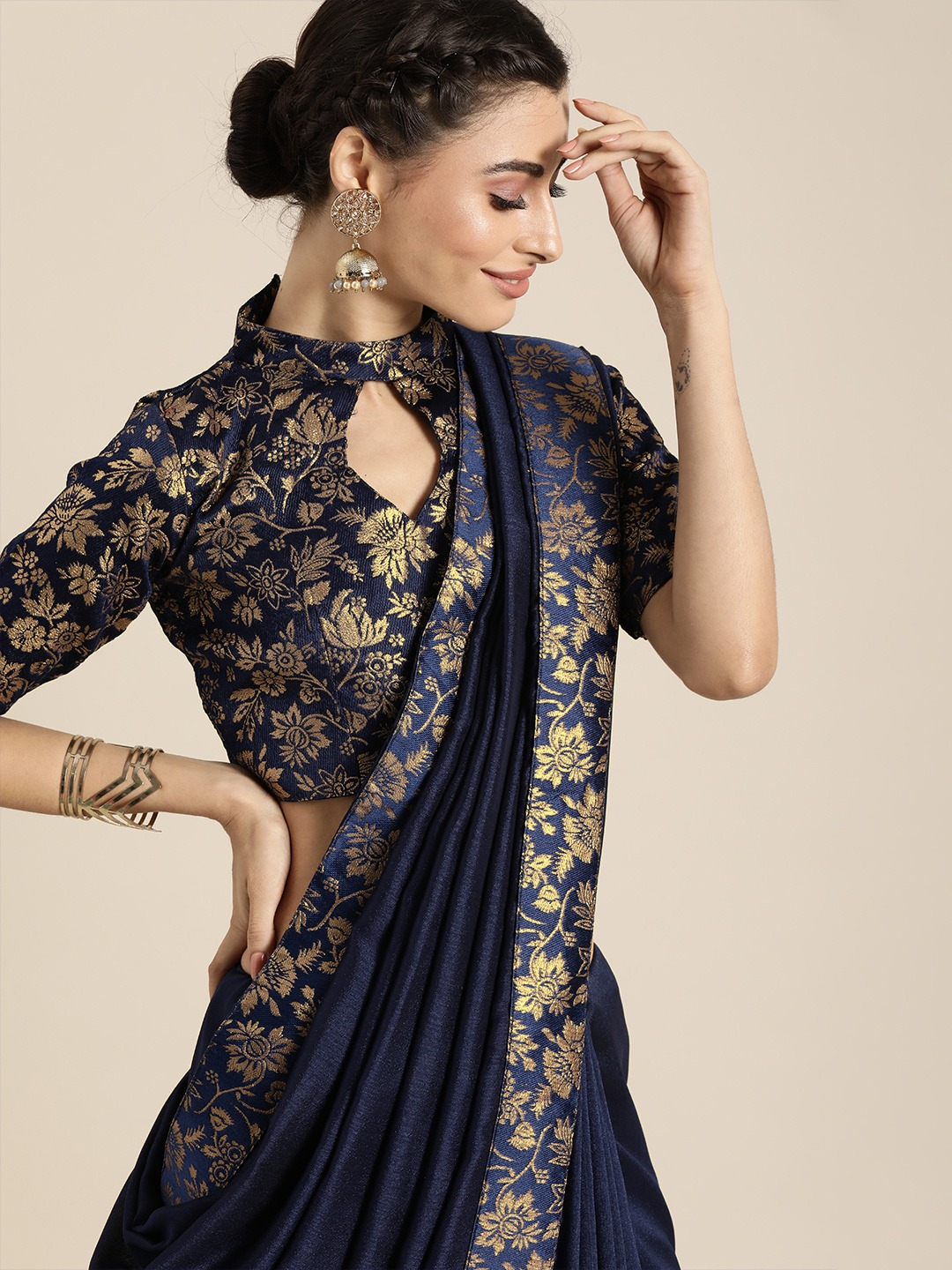 Buy Inddus Navy Blue & Golden Silk Blend Solid Festive Saree