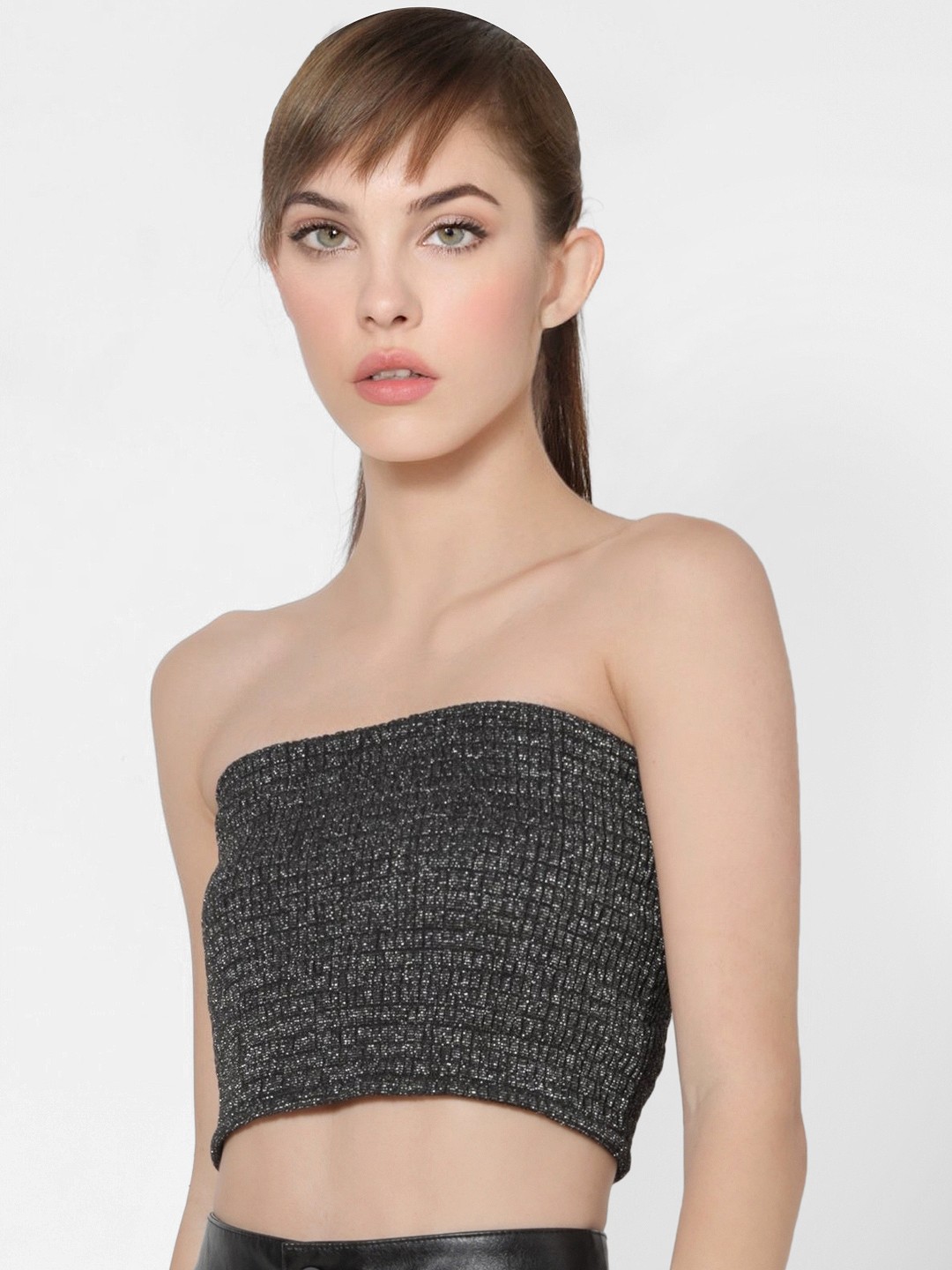Top 10 Tube Tops You Must Buy In 2022 6 Only - Black &Amp; Silver Toned Self Design Tube Crop Top