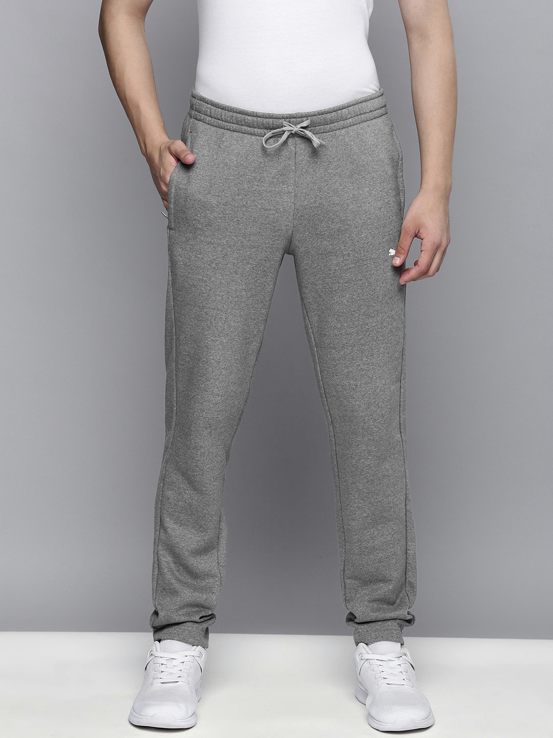 Puma Men Grey Melange Solid Zippered Knitted Slim Fit Track Pants