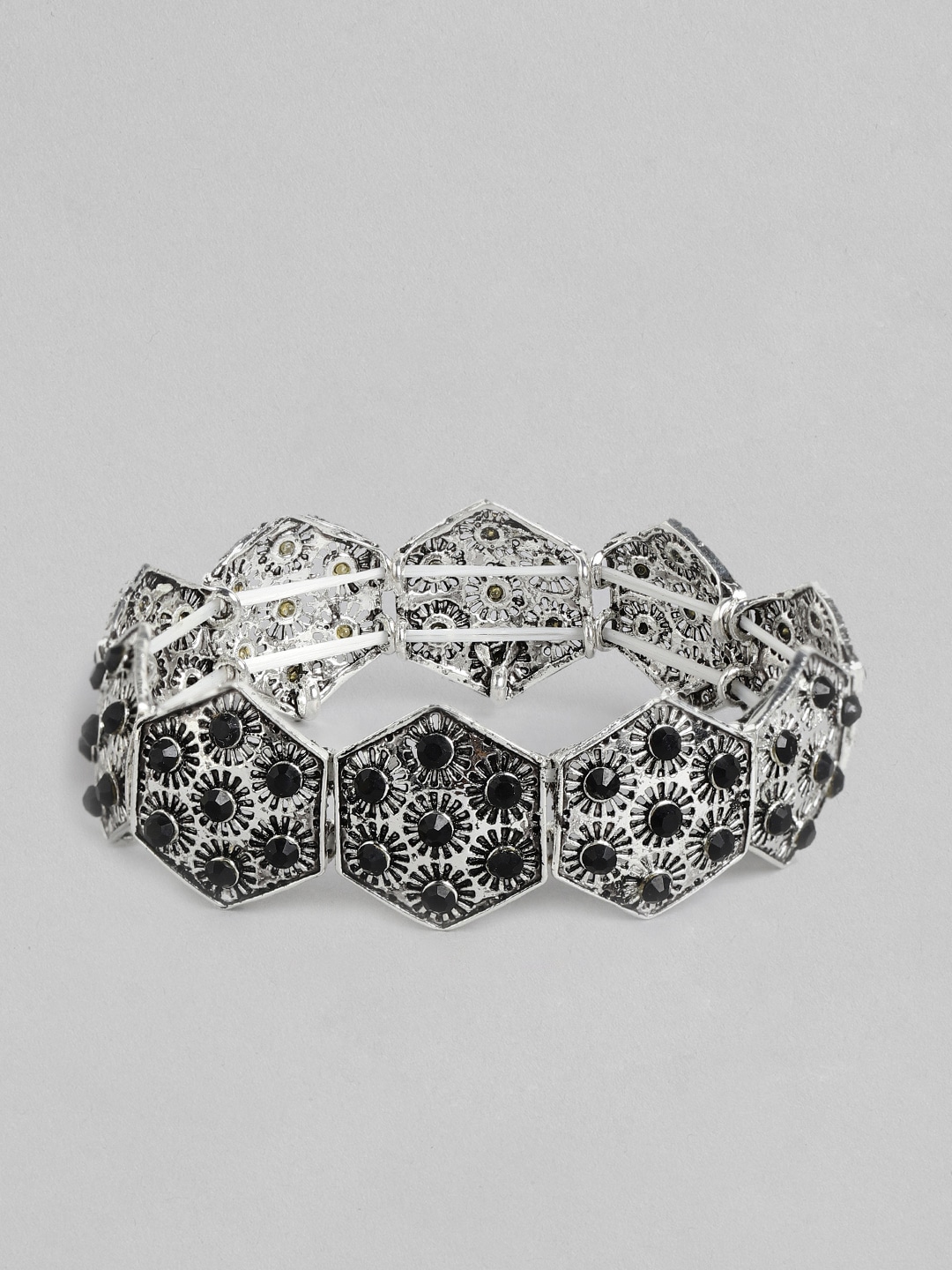 Silver-Toned & Black Oxidised Charm Bracelet