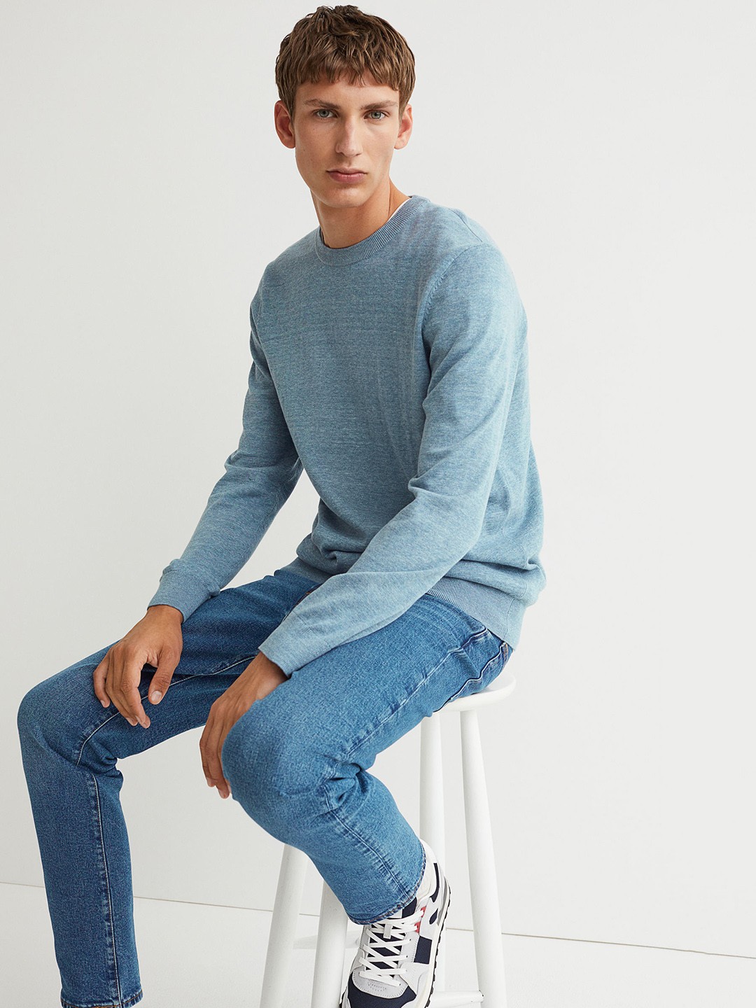 H&M Men Blue Cotton Fine-knit Jumper