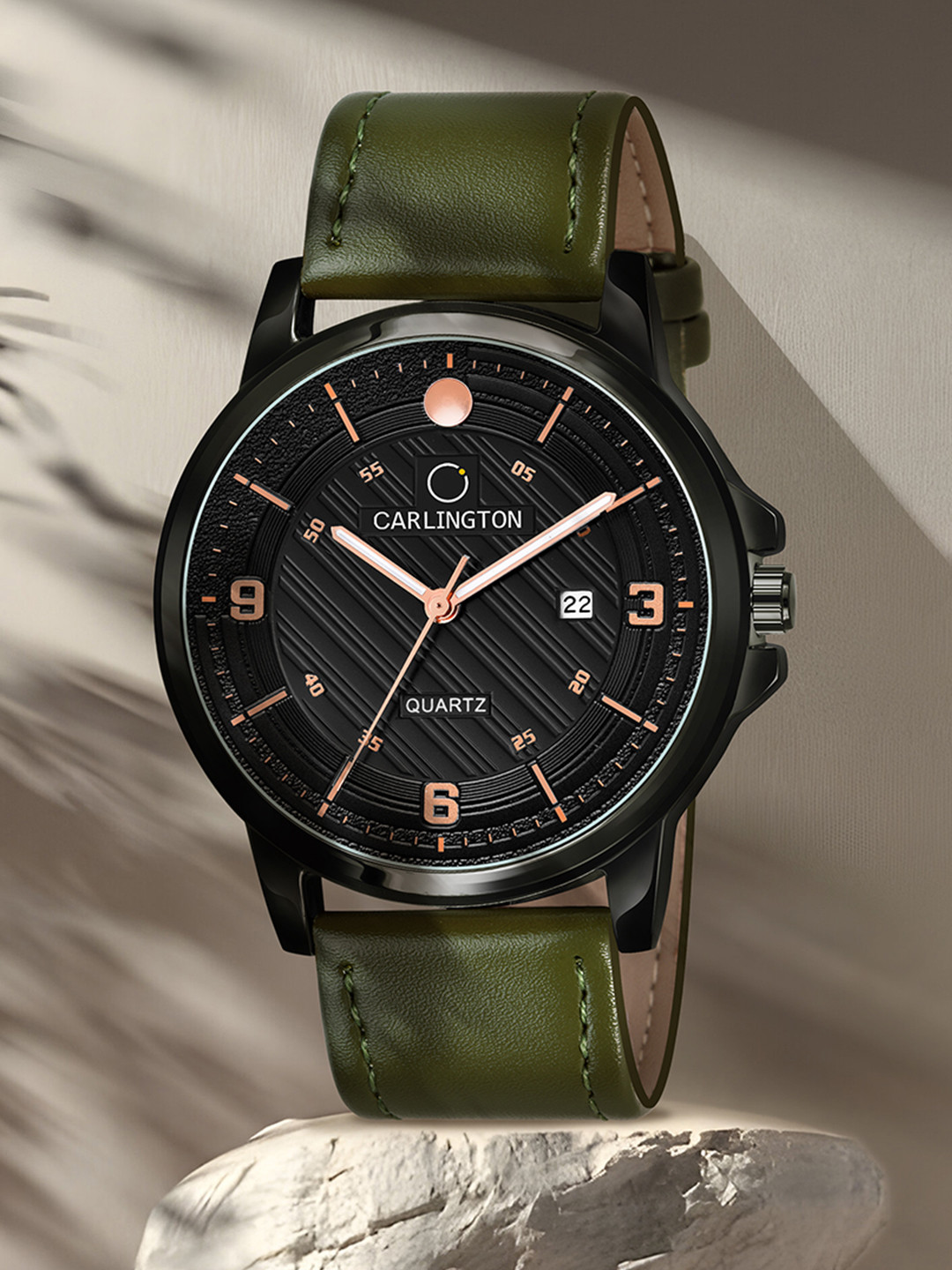 CARLINGTON Men Black Alloy Dial & Green Leather Straps Analogue Watch CT1050 Green-Black
