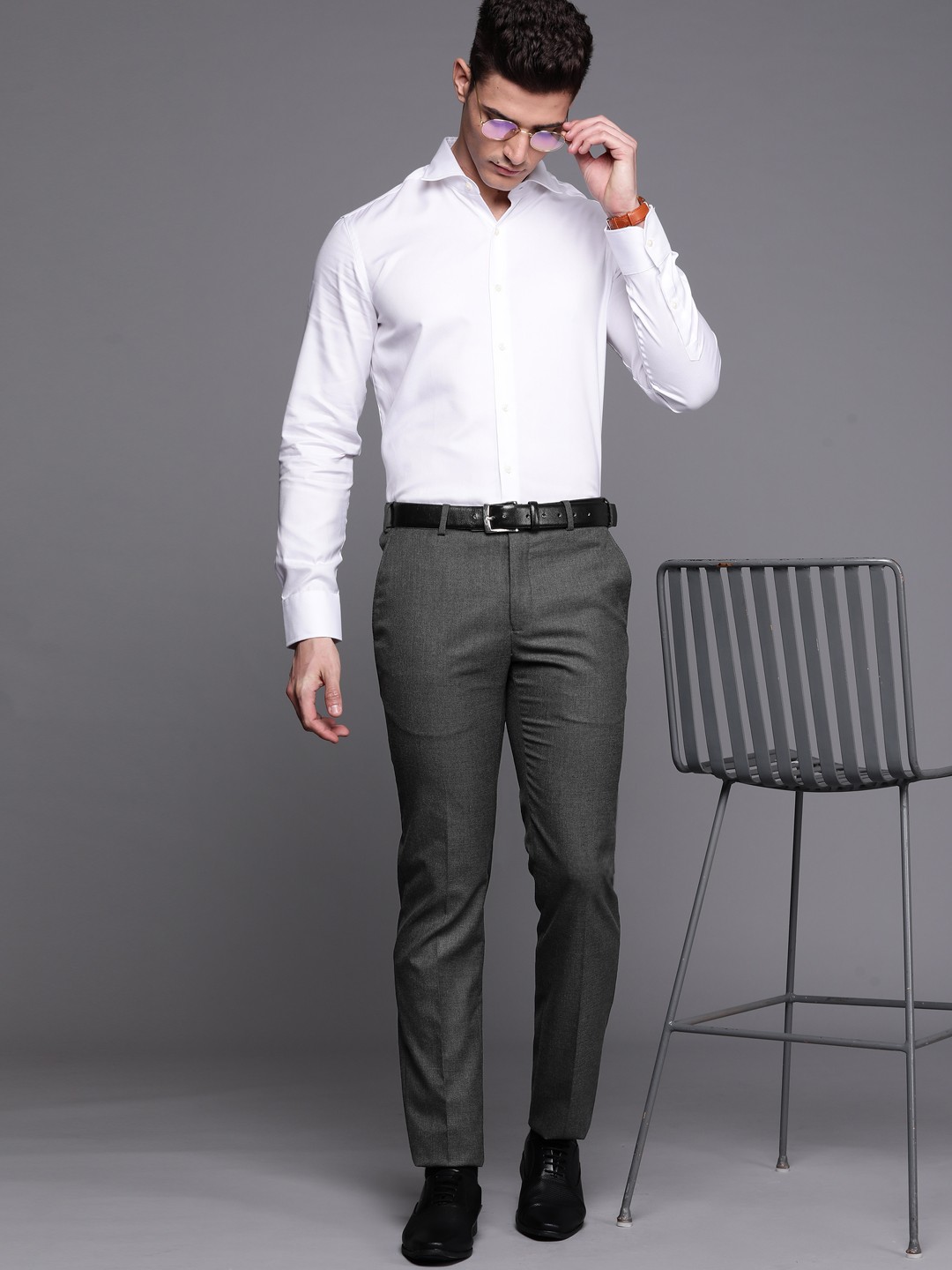 Solid Charcoal Grey Pant from Raymond White Shirt Combination