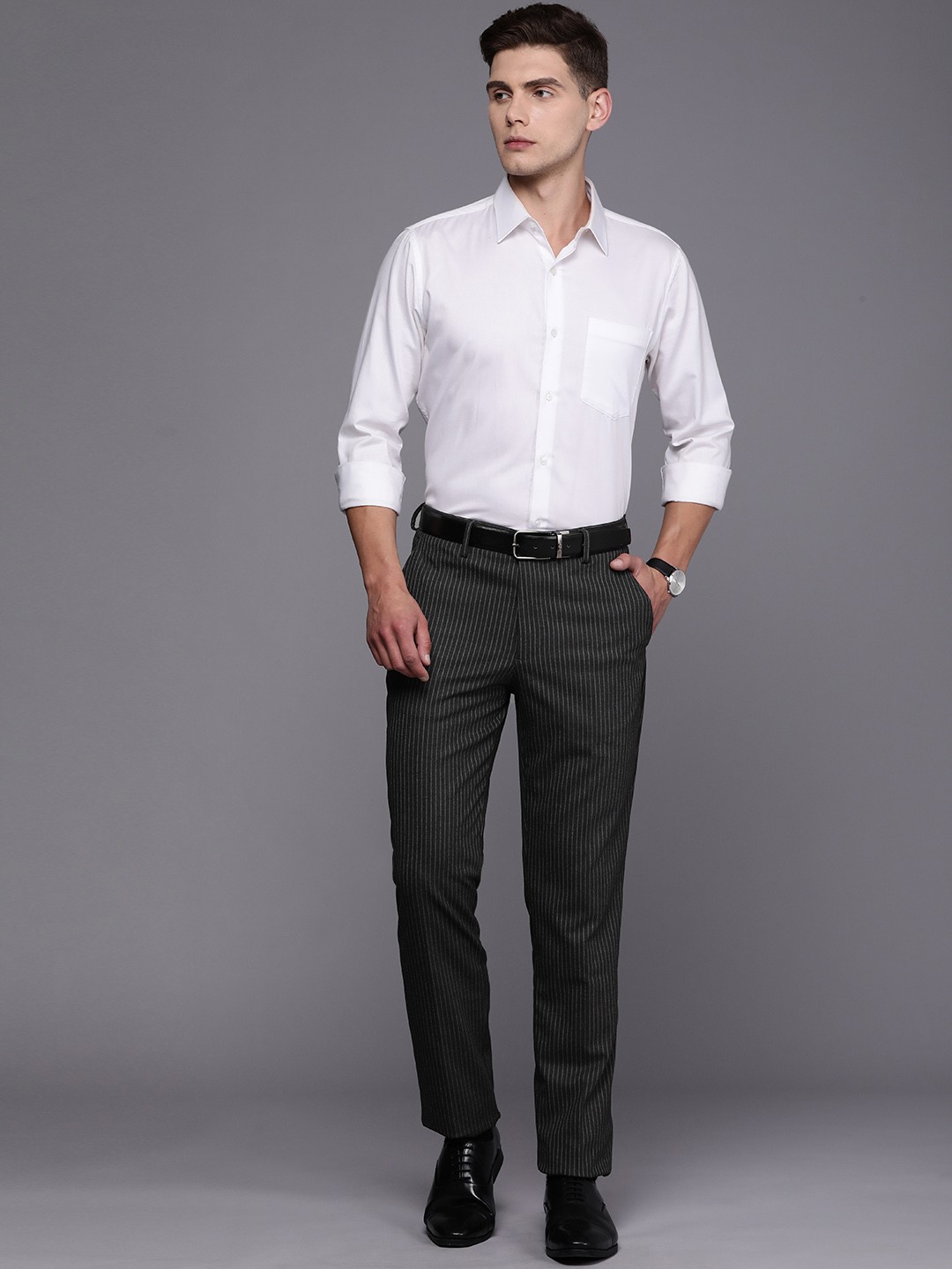 Park Avenue Striped Grey Pant White Shirt Combination