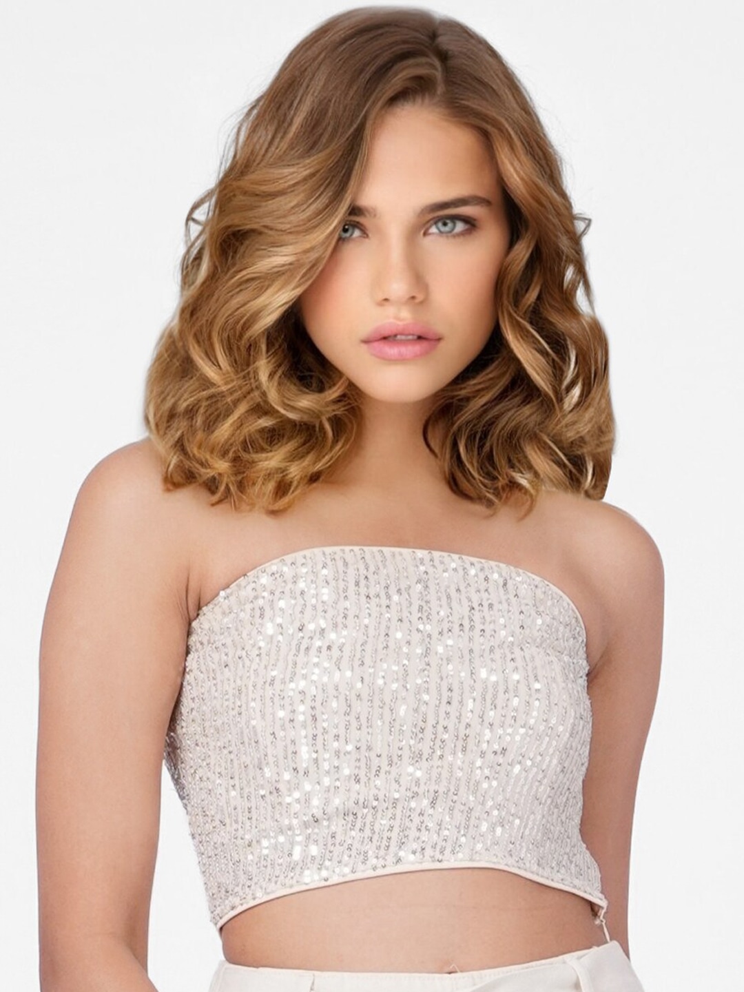Only Off - White And Silver Coloured Sequin Embellished Tube Crop Top