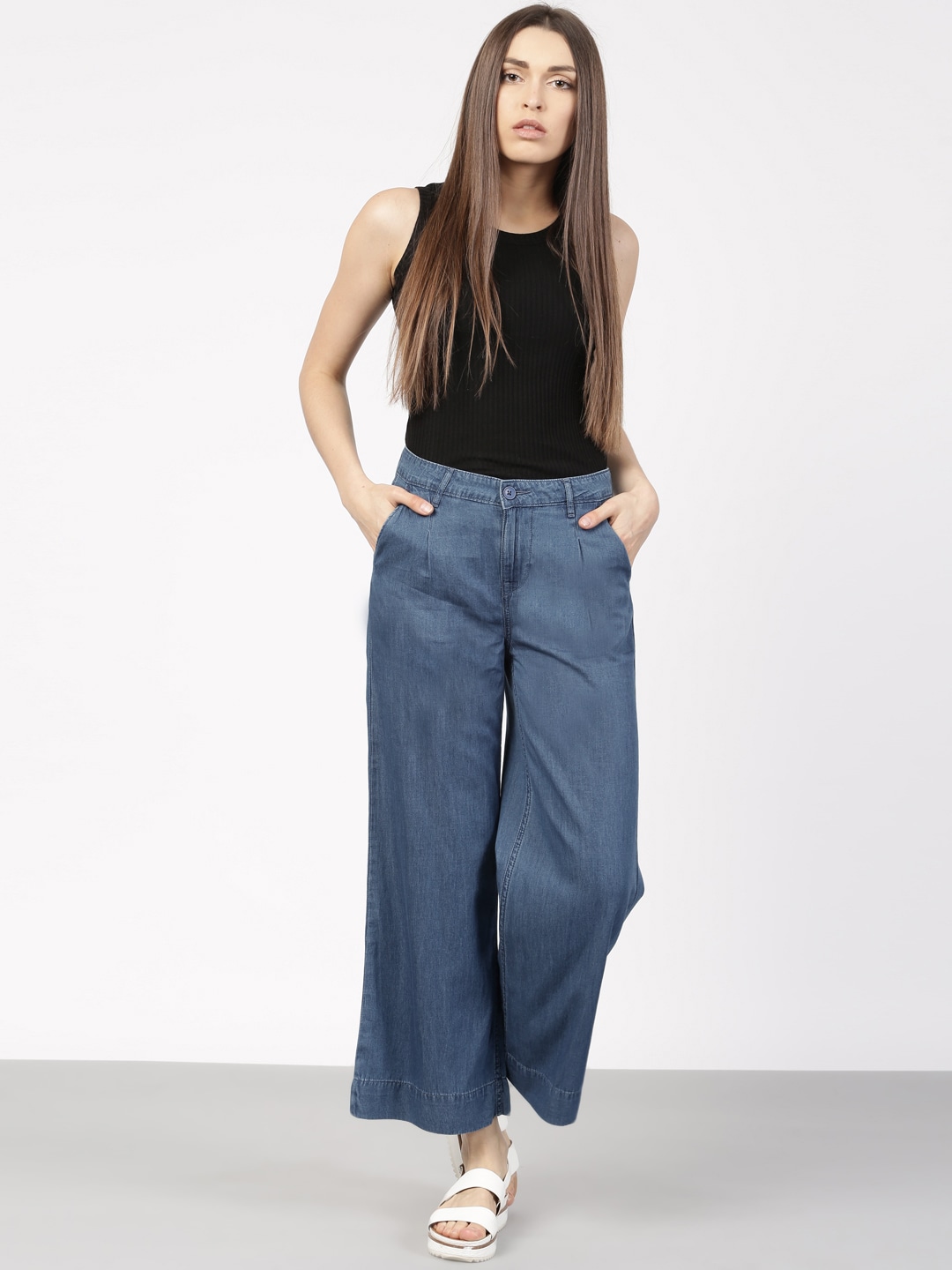 Ether Women Blue Washed Denim Flared Trousers