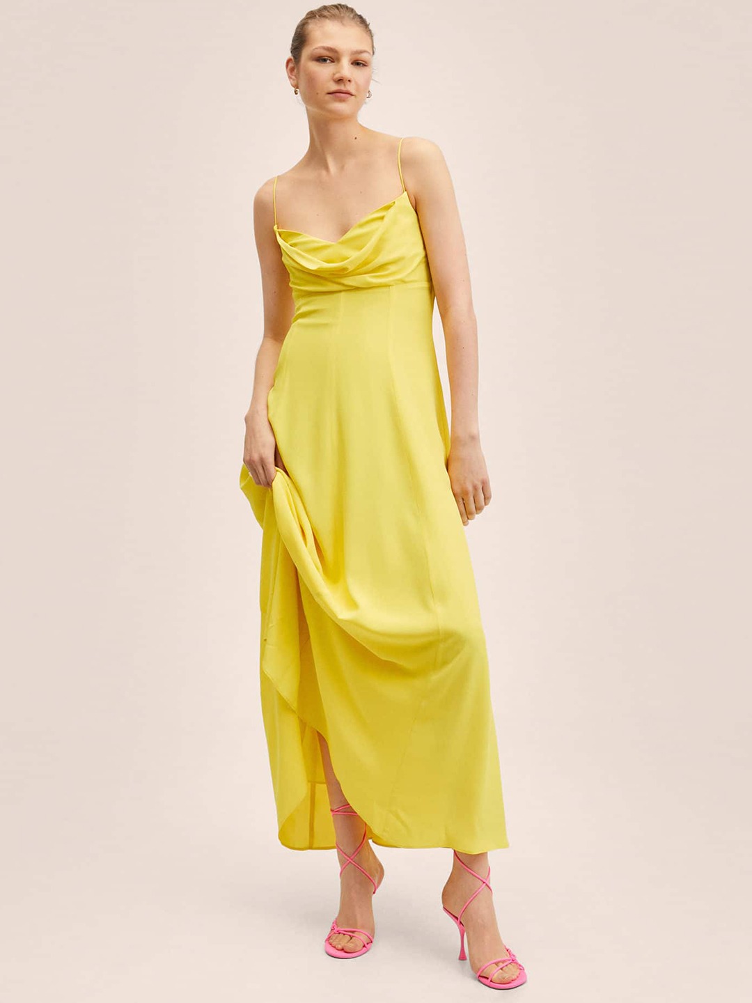 Mango Women Yellow Solid Maxi Dress