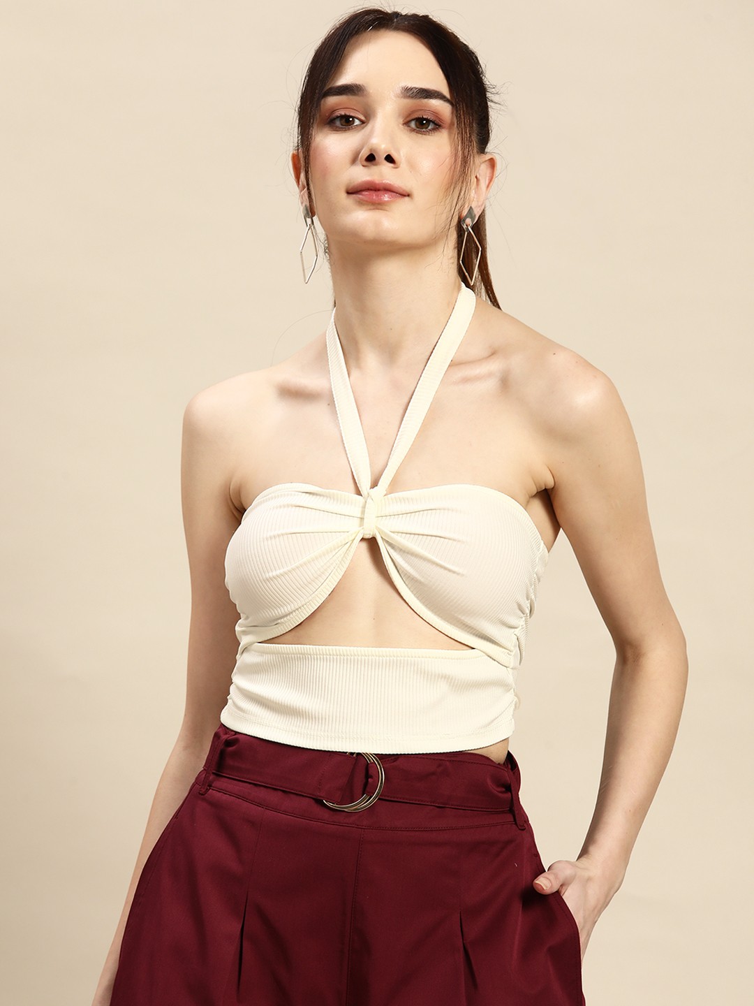 Top Fashion Products For Gen Z Women To Buy Online 3 Oxxo Off-White Halter Neck Ribbed Knitted Top