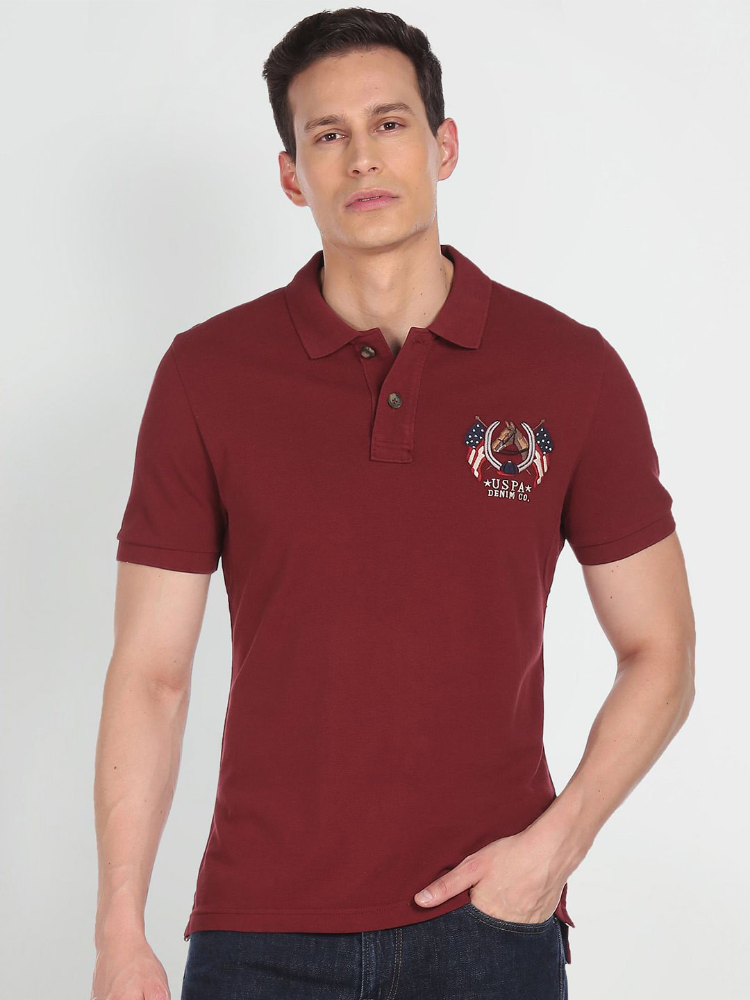 U S Polo Assn Denim Co Men Maroon Pure Cotton Brand Logo Printed Polo Collar T-shirt