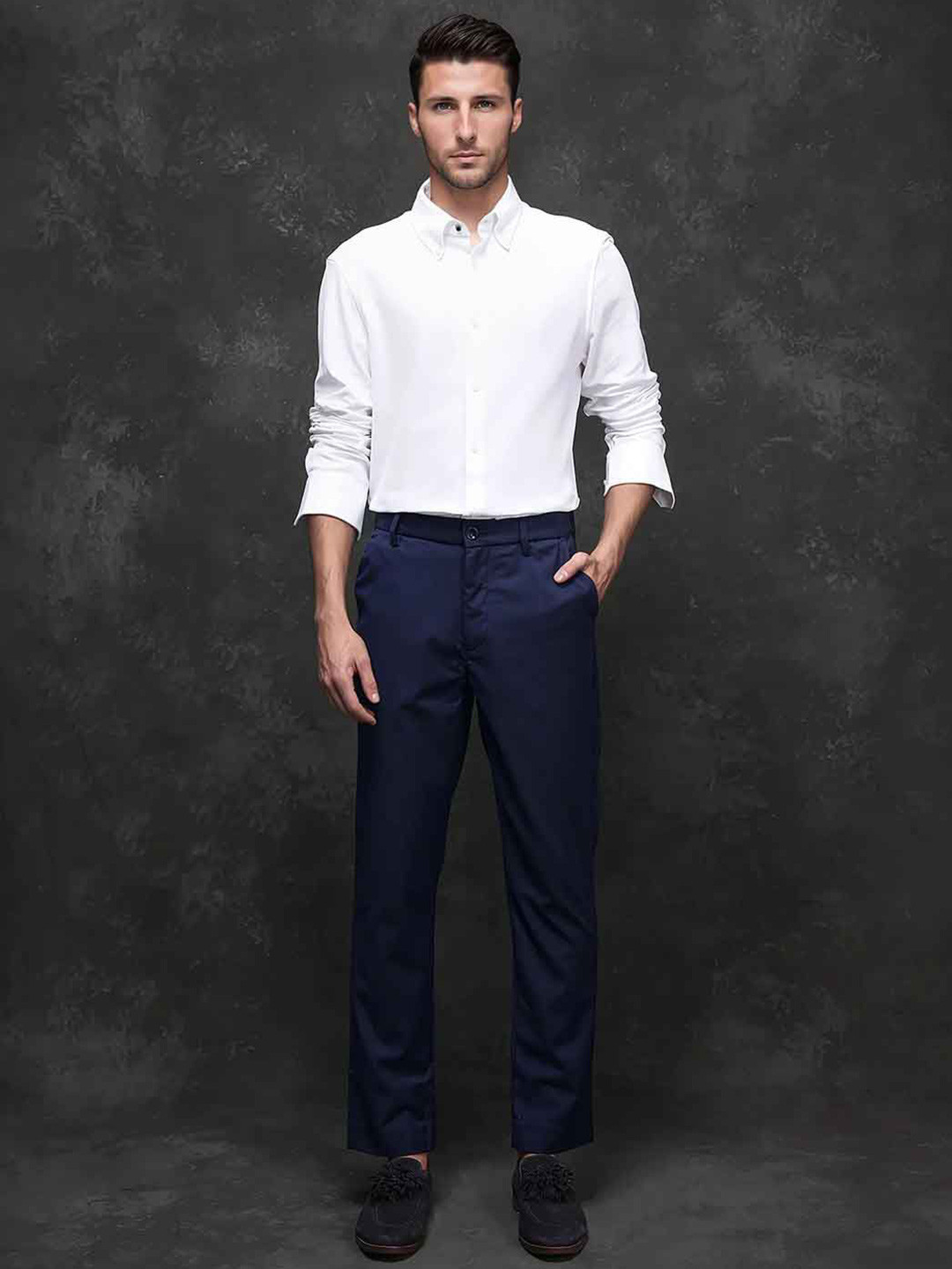 RARE RABBIT Men Navy Regular Fit Plain Trouser