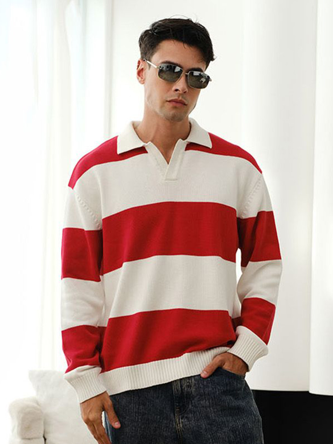 Bonkers Corner Red Stripe V-Neck Knit Polo