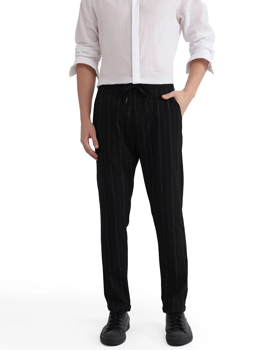 RARE RABBIT Men Black Regular Fit Striped Trouser