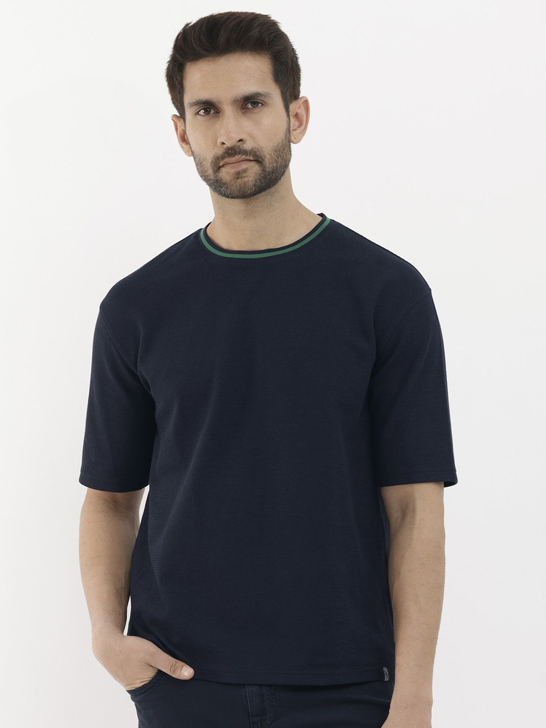 RARE RABBIT Mens Plain Crew Neck Half Sleeve Oversized Fit T-Shirt