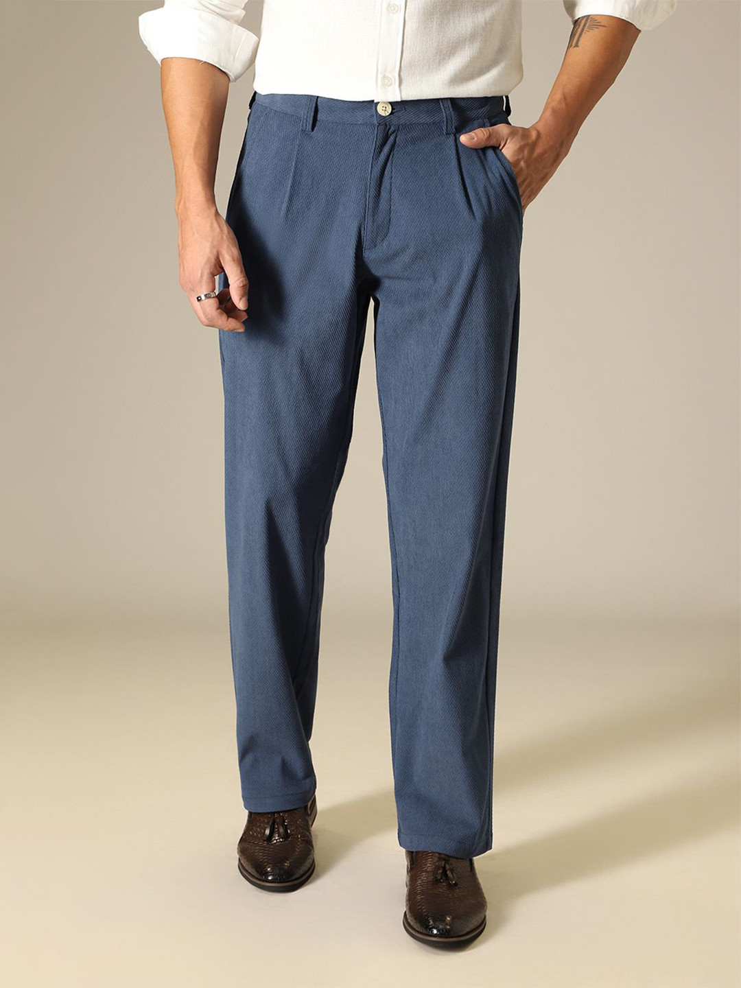 Banana Club Men Solid Blue Classic Corduroy Pleated Trousers