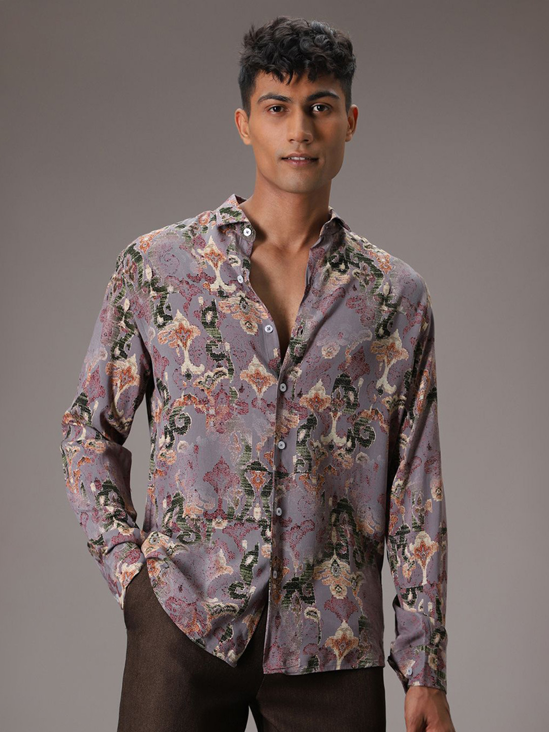 Banana Club Lattice Feather Abstract Viscose Rayon Long Sleeves Shirt