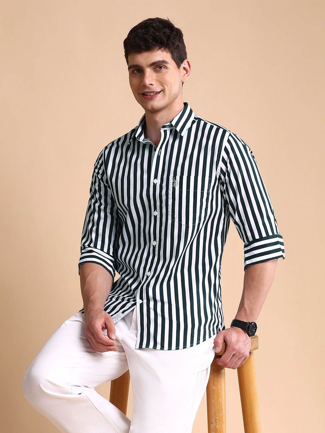 U.S. Polo Assn. Men Vertical Stripes Pure Cotton Casual Shirt - Image 1