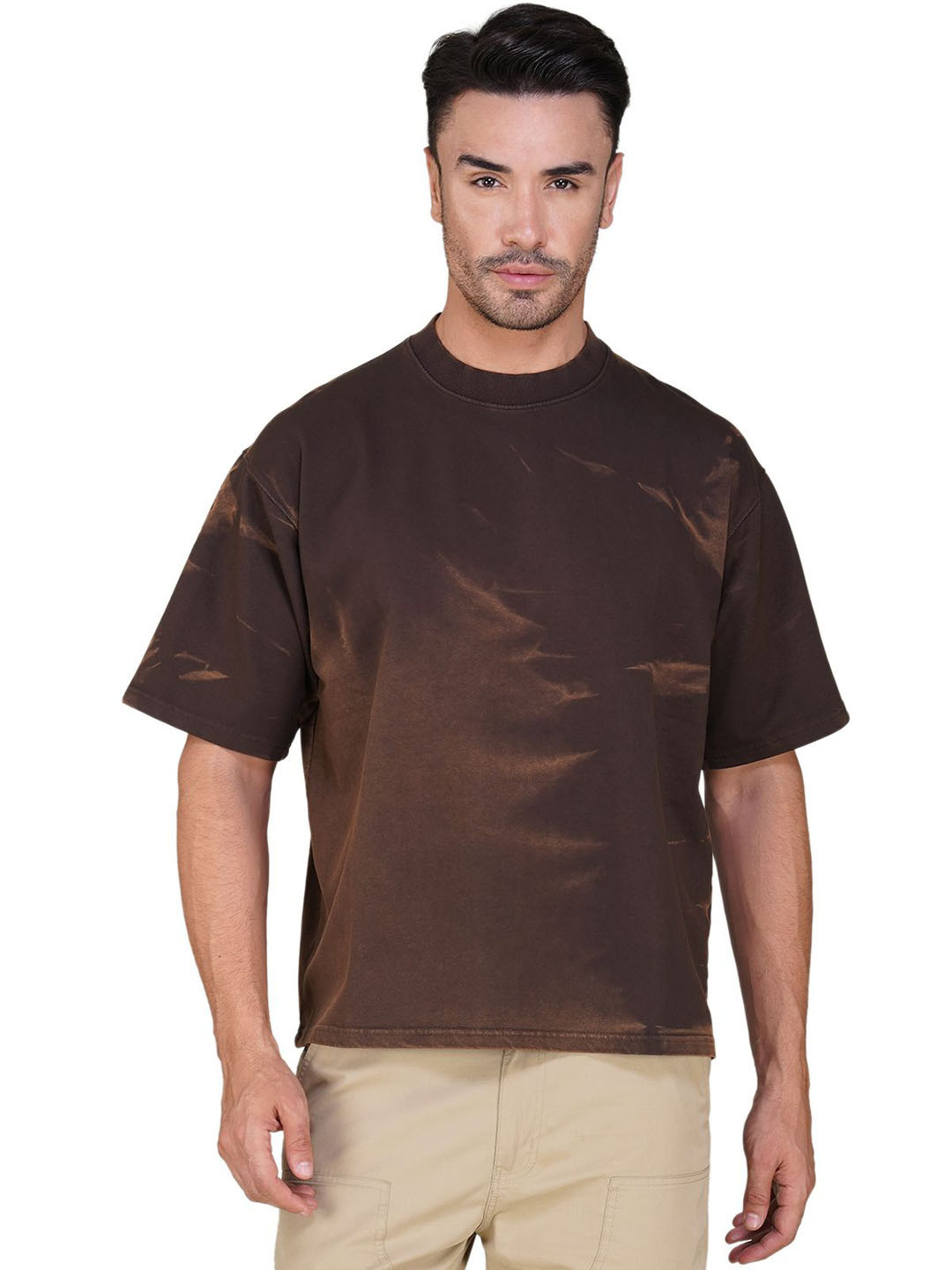 Jibumi Men Abstract Printed Round Neck Cotton Oversized T-shirt