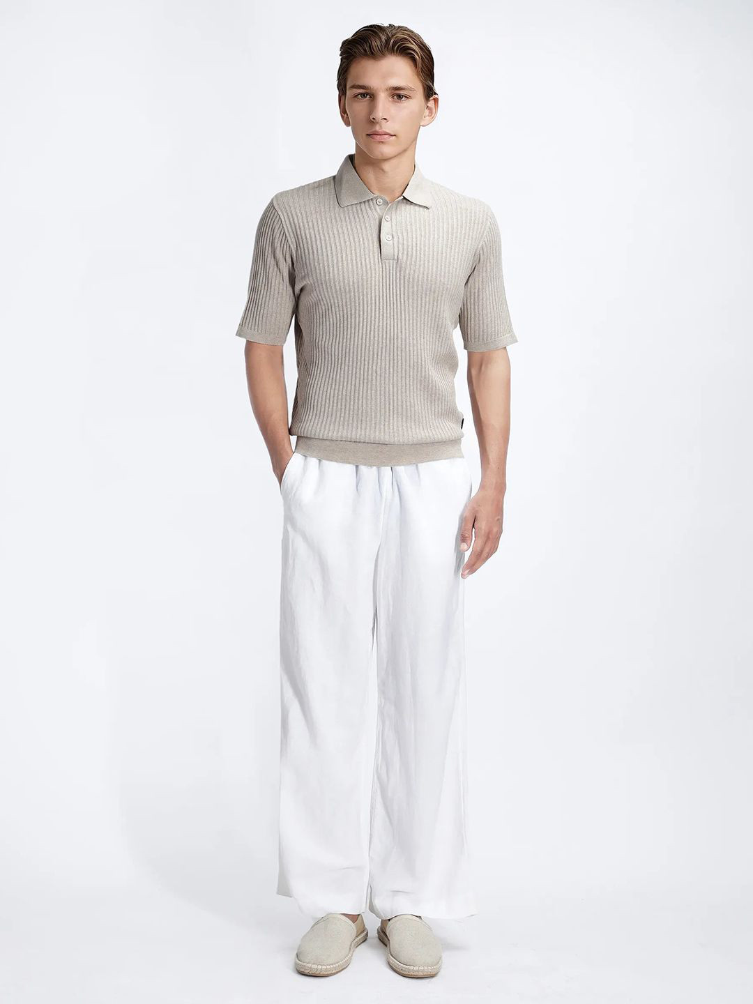 RARE RABBIT Men Textured Spread Collar Half Sleeve Tencel Regular Fit Polo T-Shirt