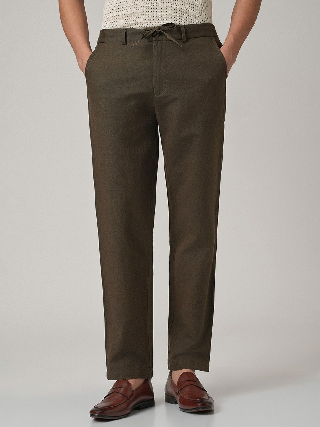 Banana Club Men Dark Olive Linen/Cotton Relaxed Fit Trousers