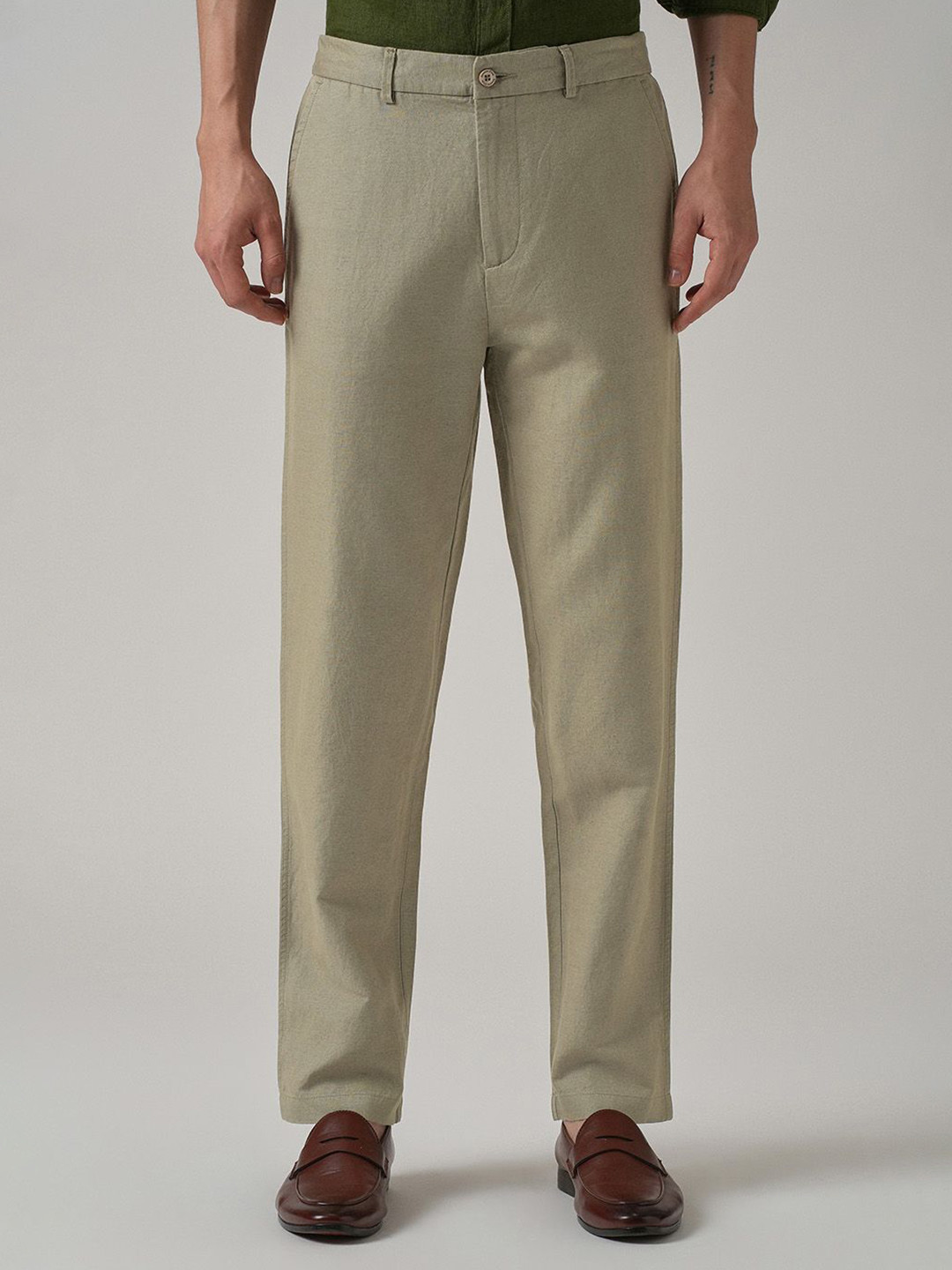 Banana Club Men Green Linen Cotton Relaxed Fit Trousers