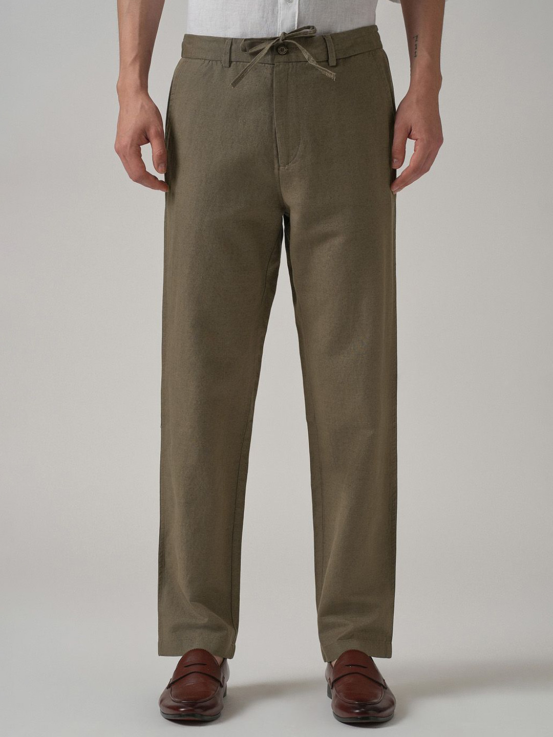 Banana Club Men Olive Linen Cotton Relaxed Fit Trousers