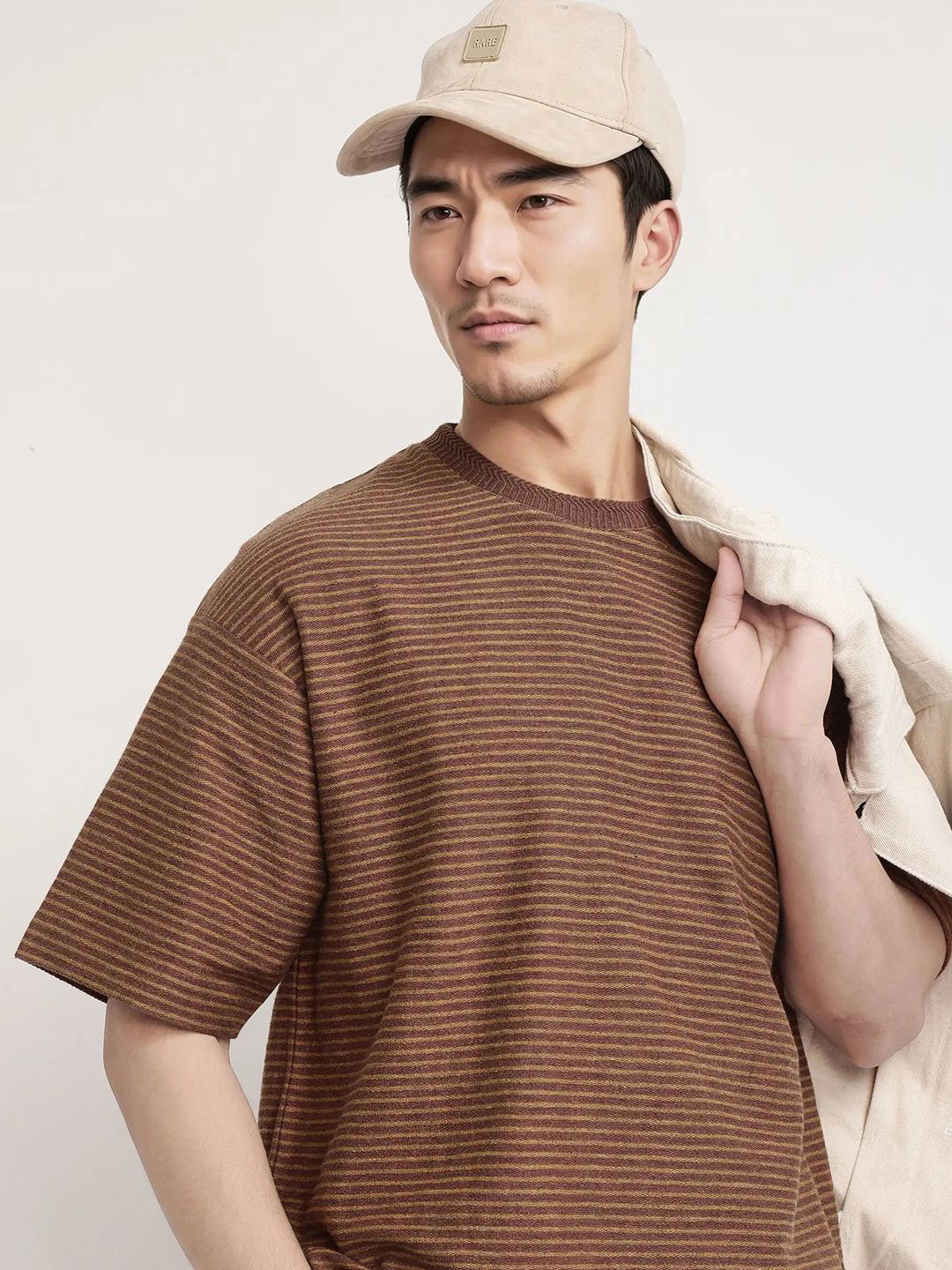 RARE RABBIT Men Striped Drop-Shoulder Sleeves Monochrome Pockets T-shirt