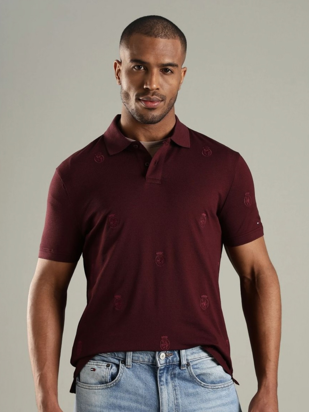 Tommy Hilfiger Men Self Design Polo Collar Pure Cotton T-shirt