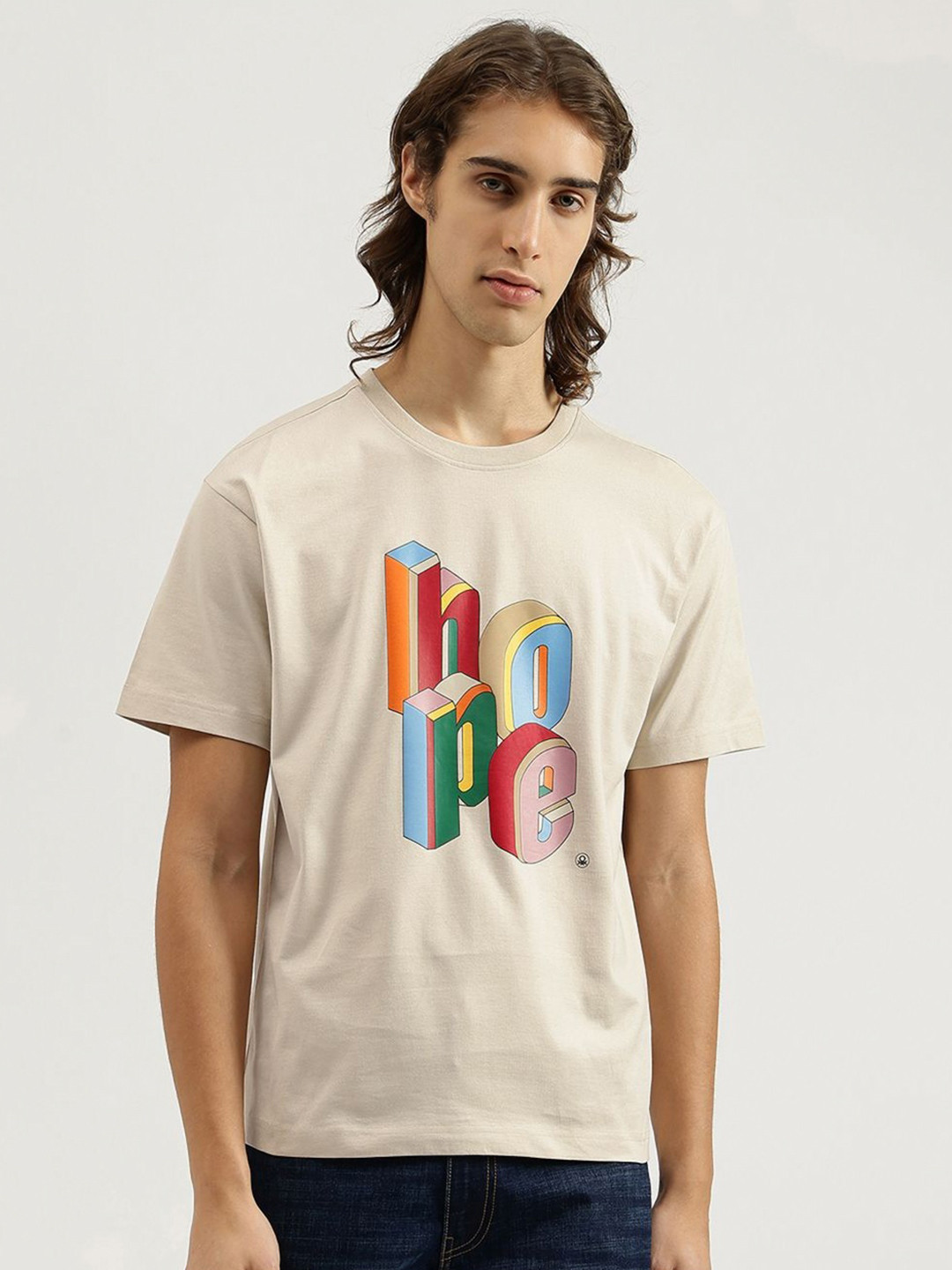 United Colors of Benetton Men Typography Printed Round Neck Pure Cotton Boxy T-shirt