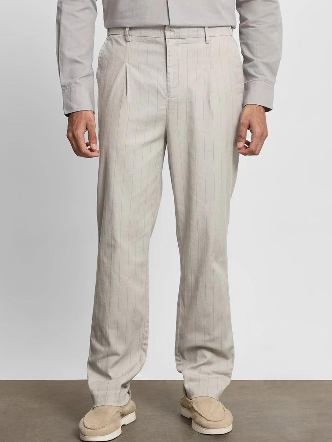 Mufti Men Striped Mid-Rise Relaxed Fit Pleated Trousers