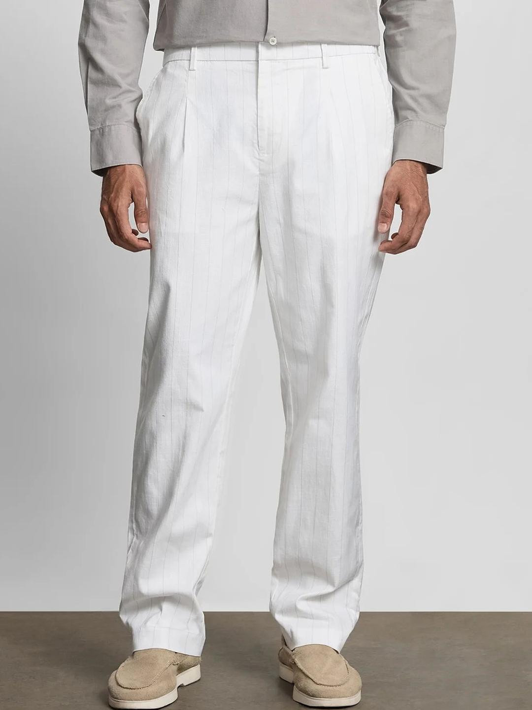 Mufti Men Striped Relaxed Fit Mid-Rise Pleated Cotton Trousers