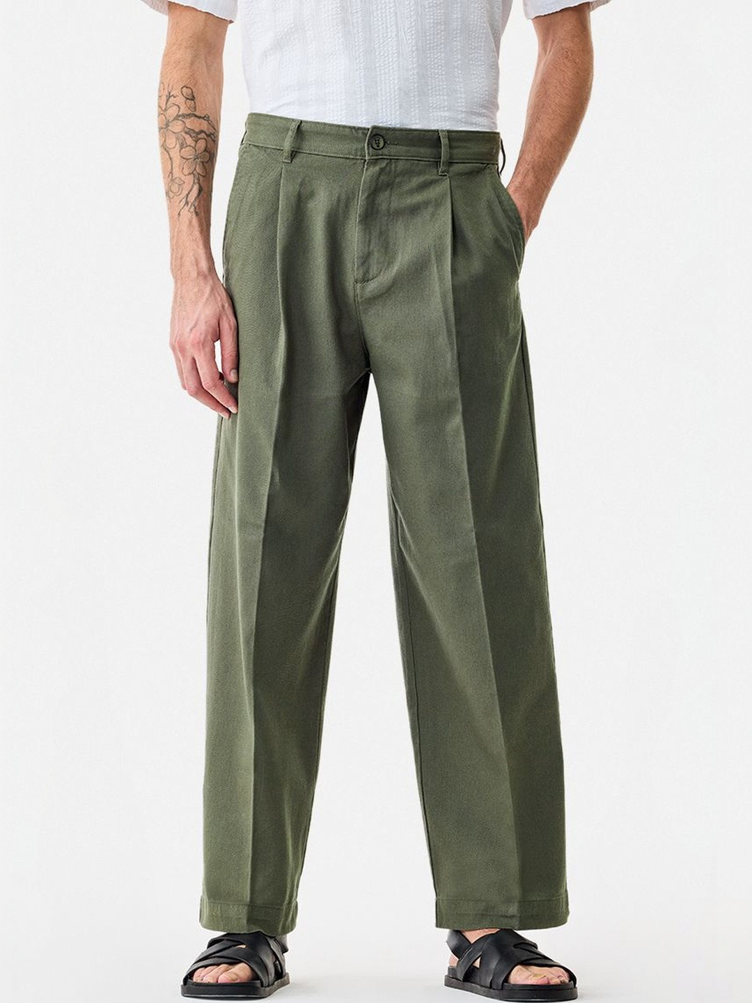 Snitch Olive Baggy Solid Chino Trousers