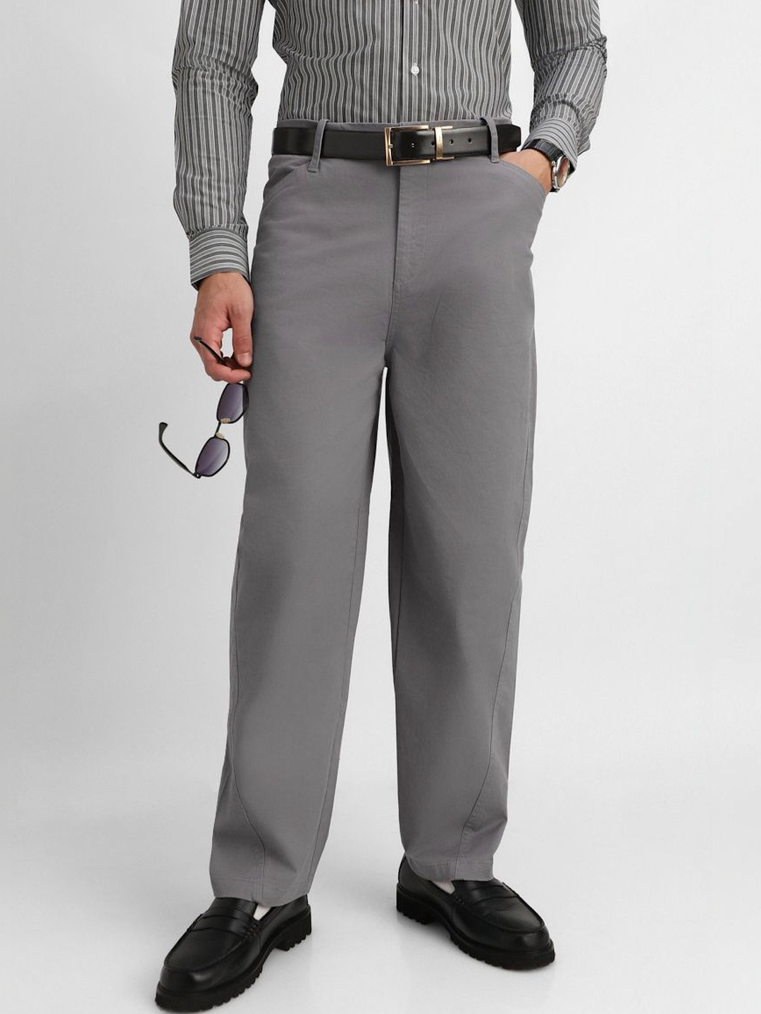 Snitch Grey Baggy Solid Formal Trousers
