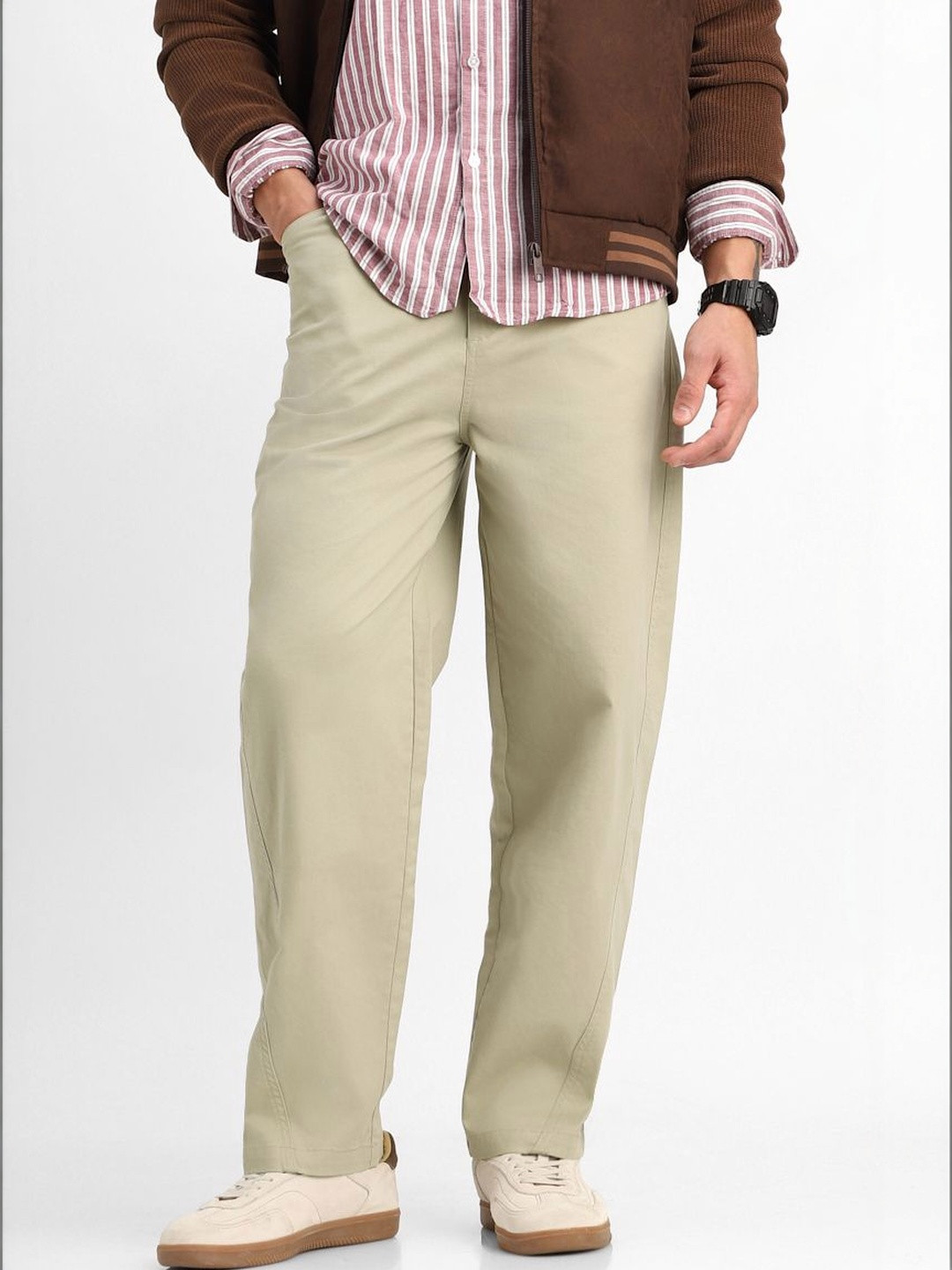 Snitch Beige Baggy Solid Chino Trousers
