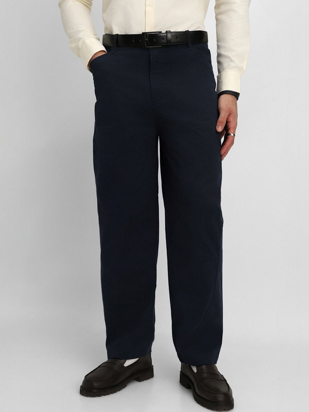 Snitch Navy Blue Baggy Solid Formal Trousers