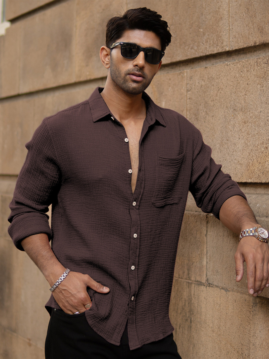 Powerlook Cocoa Crinkled Cotton Long Sleeves Shirt