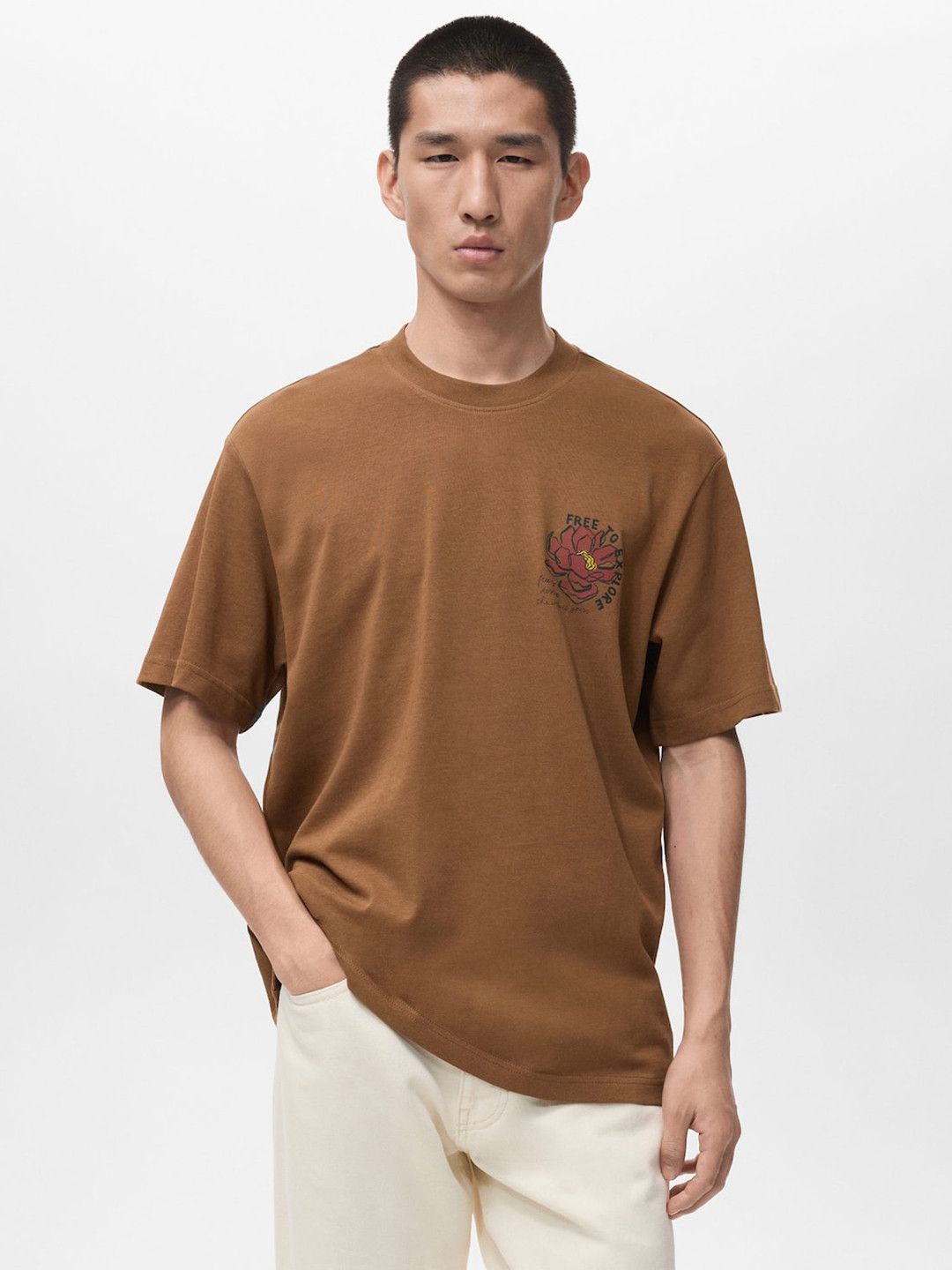 MANGO MAN Floral Printed Pure Cotton T-shirt