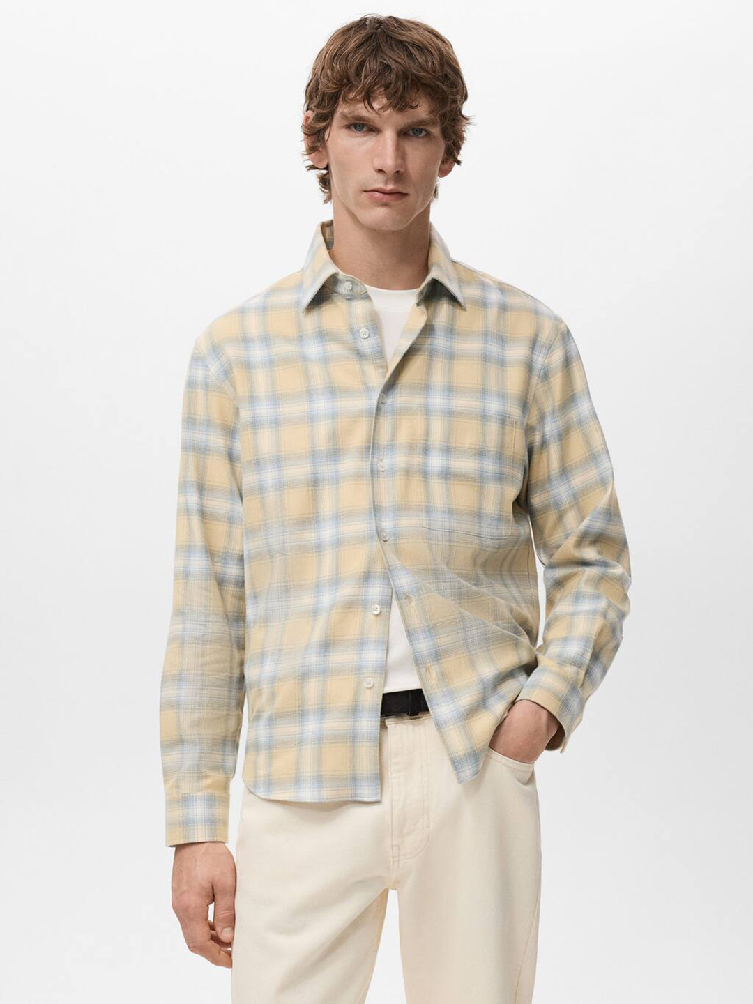 MANGO MAN Flannel Tartan Checked Spread Collar Pure Cotton Casual Shirt