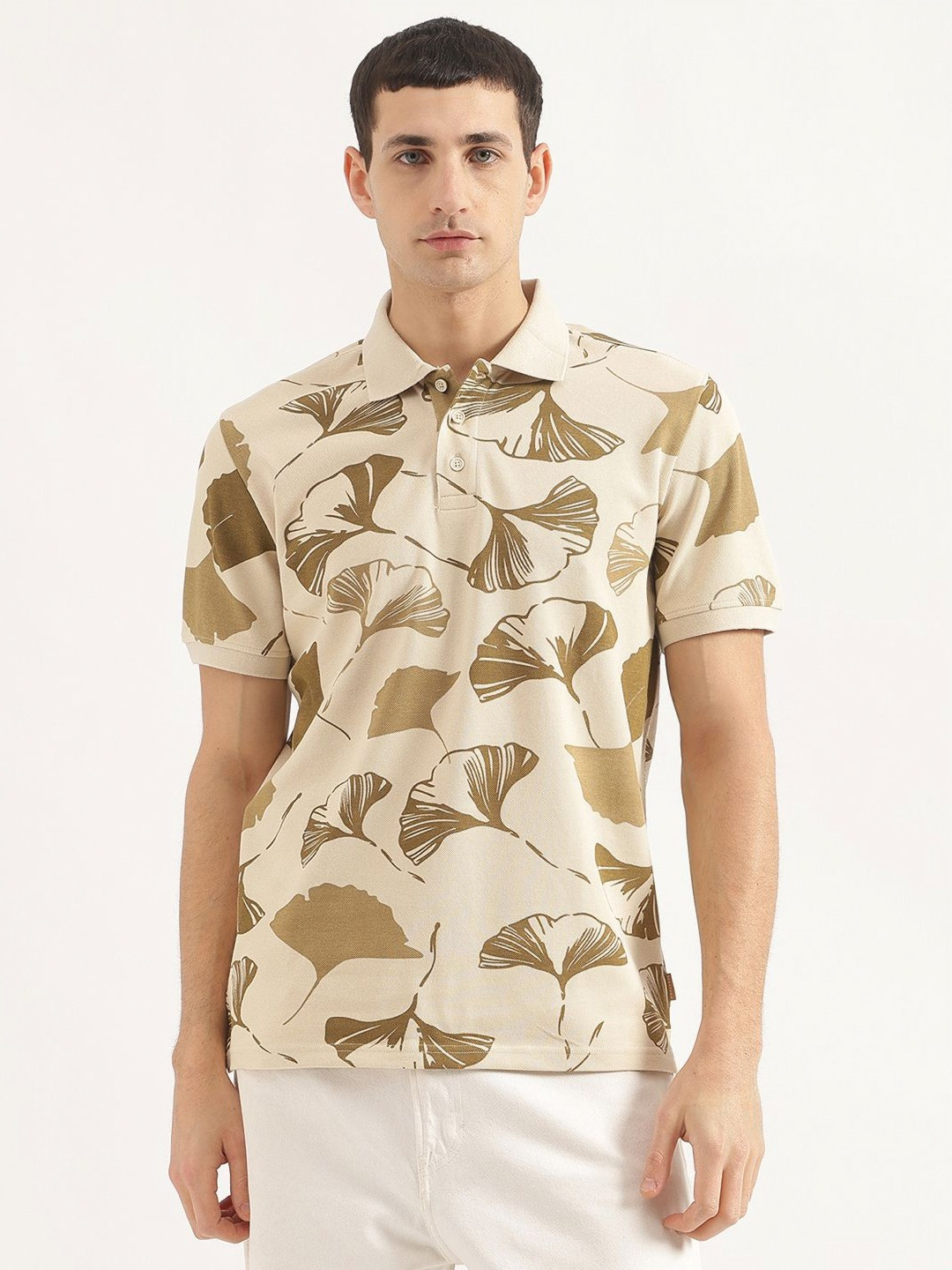 United Colors of Benetton Men Floral Printed Polo Collar Cotton T-shirt