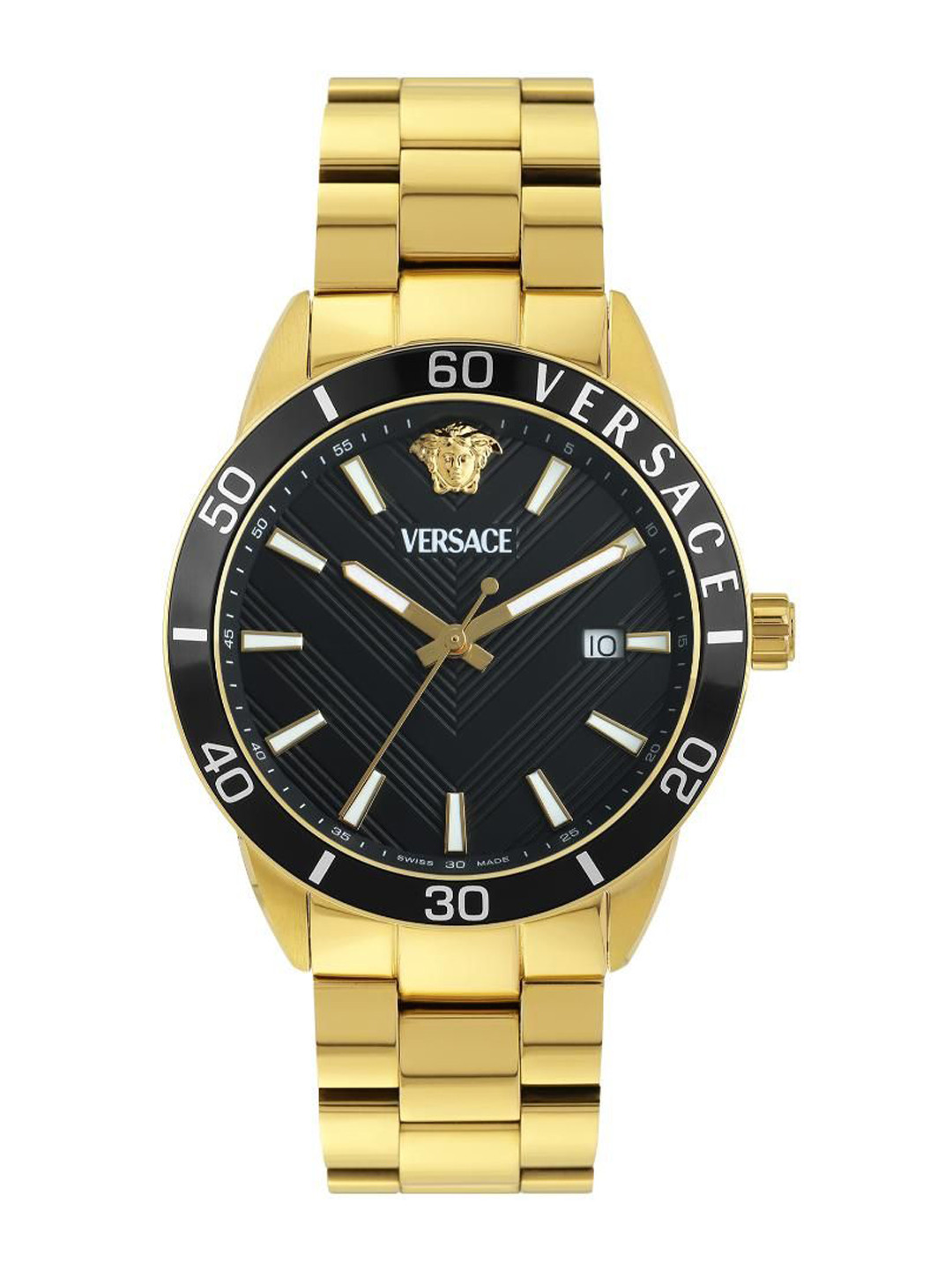 Versace Men Brass Dial & Stainless Steel Bracelet Style Straps Analogue Watch VEYCA0724