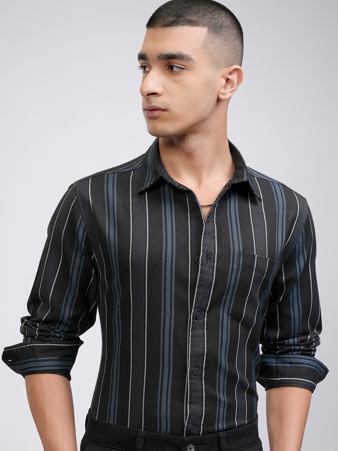 HIGHLANDER Men Slim Fit Spread Collar Vertical Striped Cotton Casual Shirt