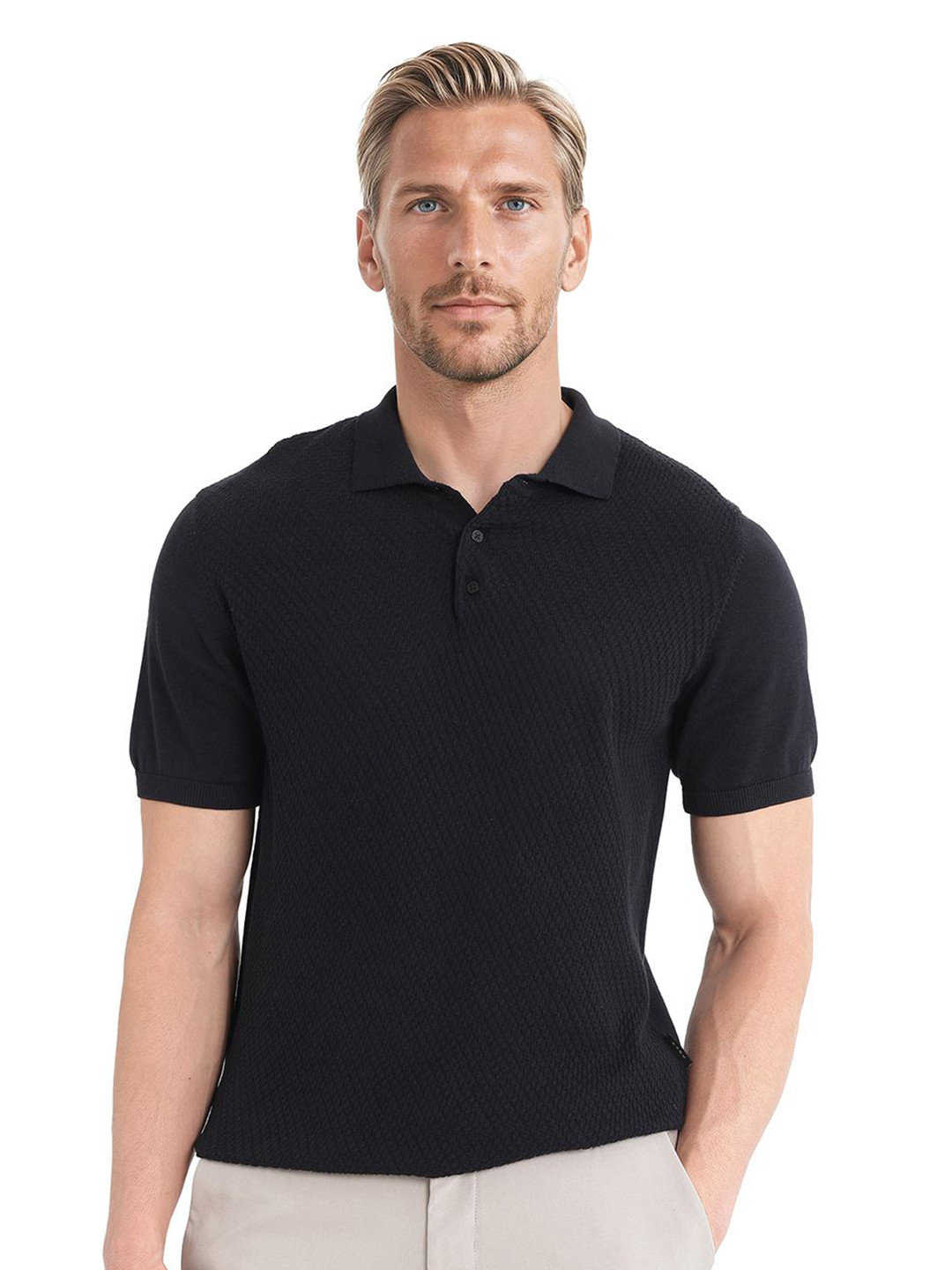 RARE RABBIT Men Textured Spread Collar Half Sleeve Cotton Regular Fit Polo T-Shirt