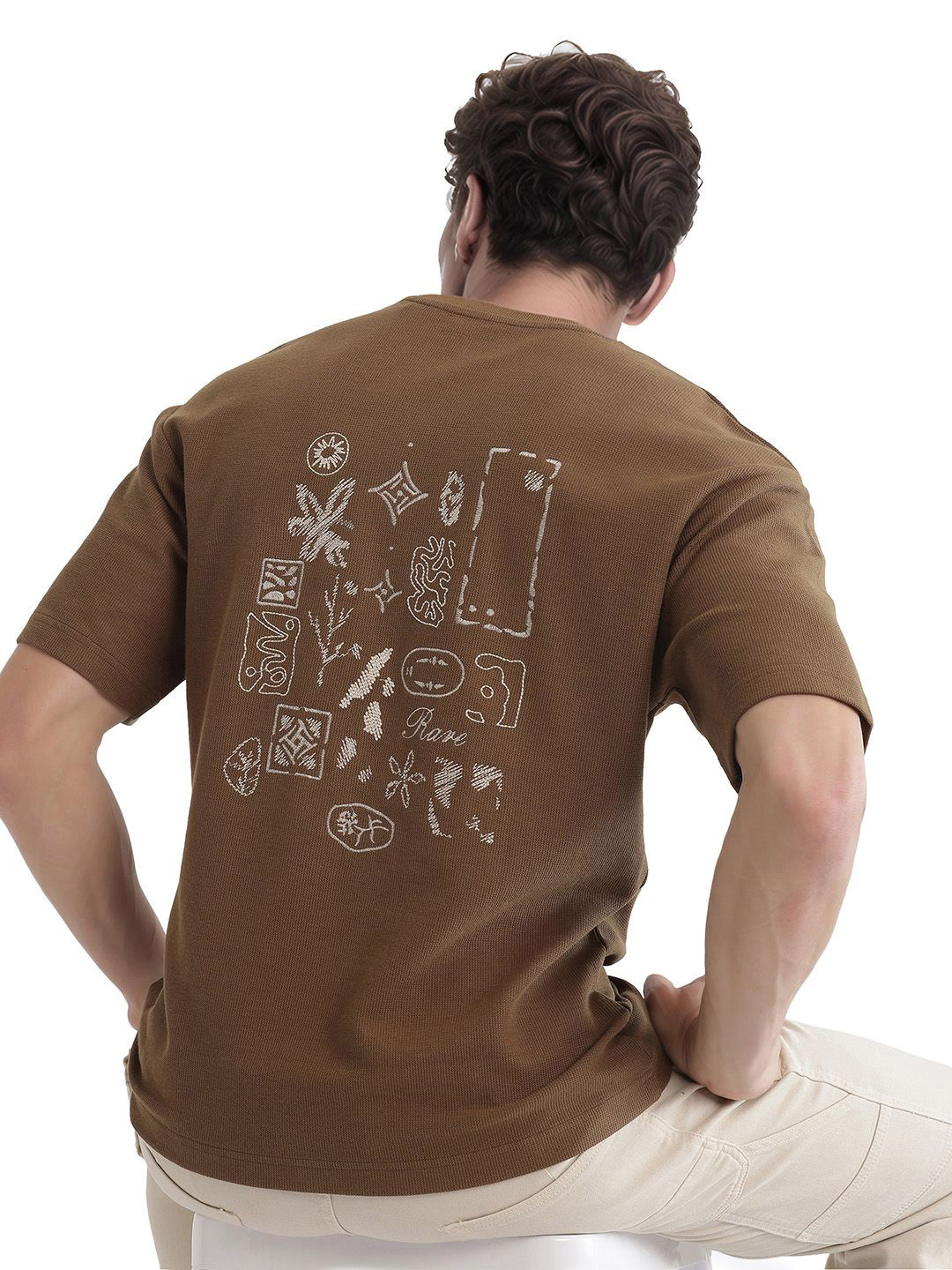RARE RABBIT Mens Embroidered Crew Neck Half Sleeve Oversized Fit T-Shirt