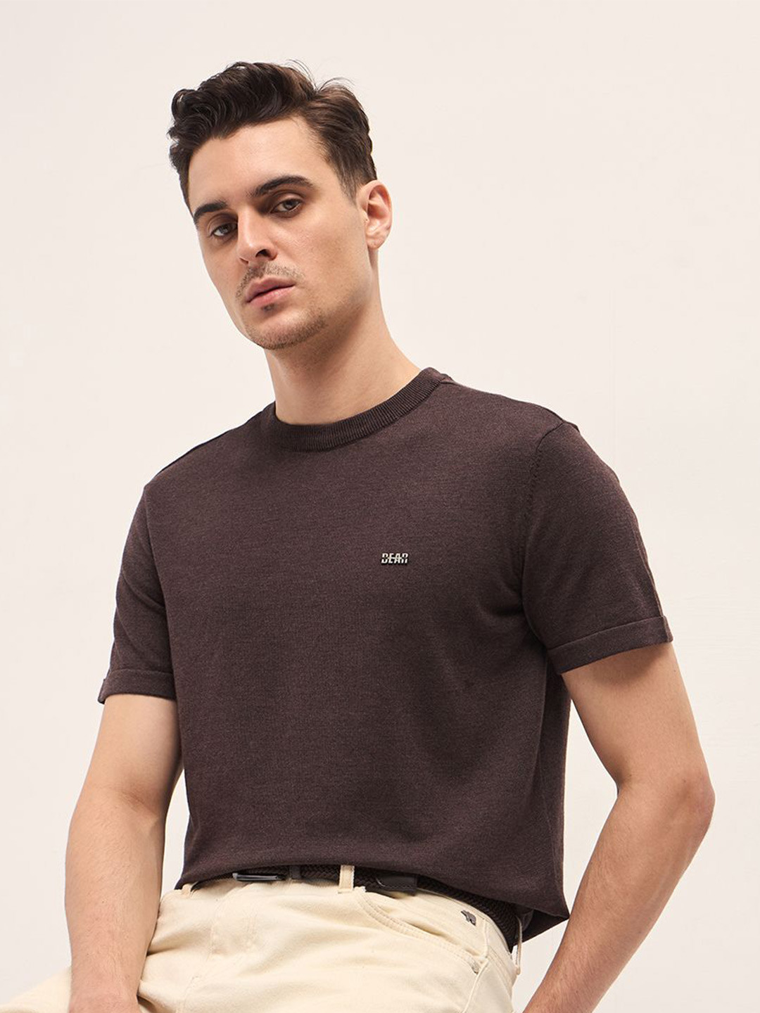 THE BEAR HOUSE Men Solid Round Neck Cotton T-shirt